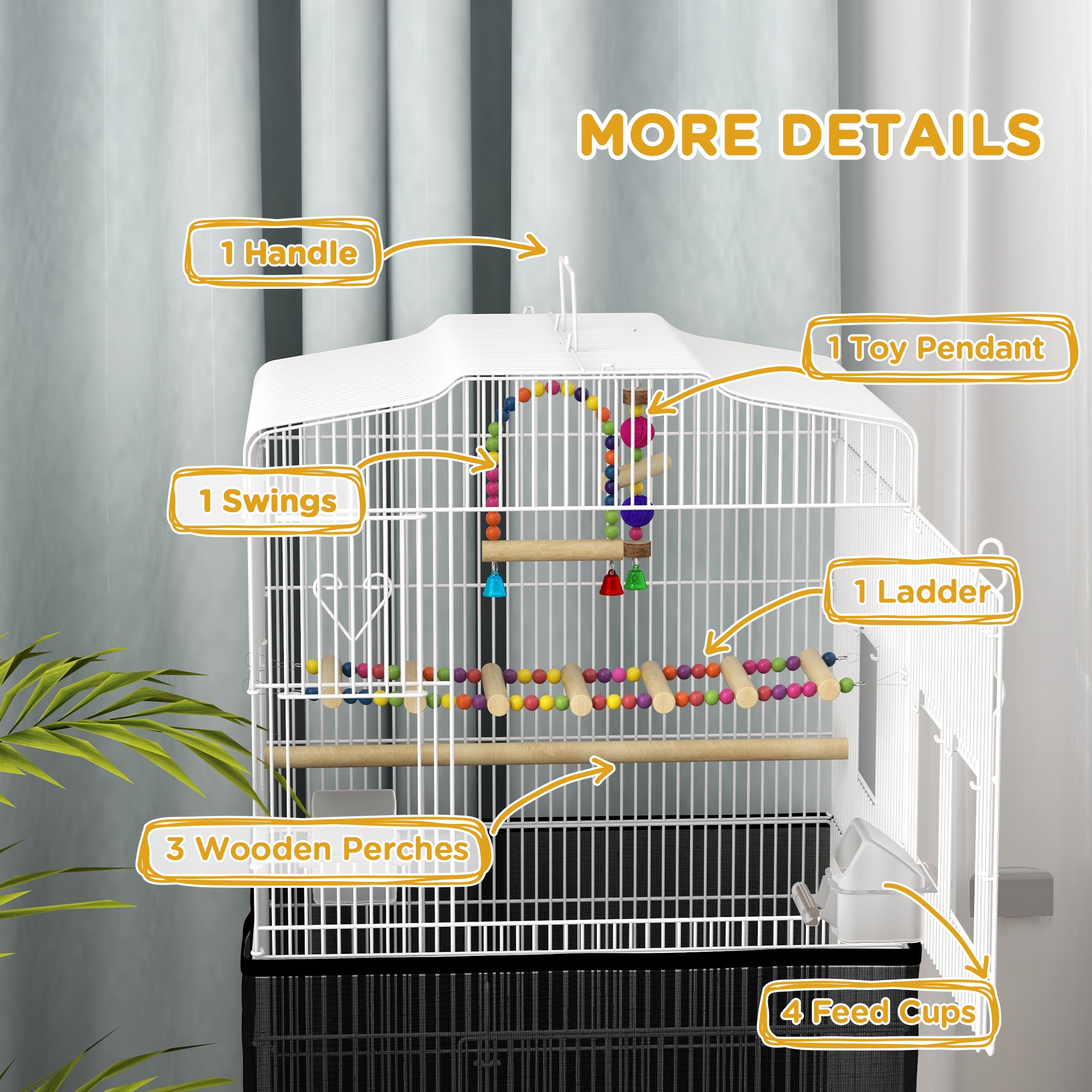 36" Bird Cage for Finches, Canaries Budgies, Parrot Cage with Accessories, Handle, Mesh Cover, Tray, White