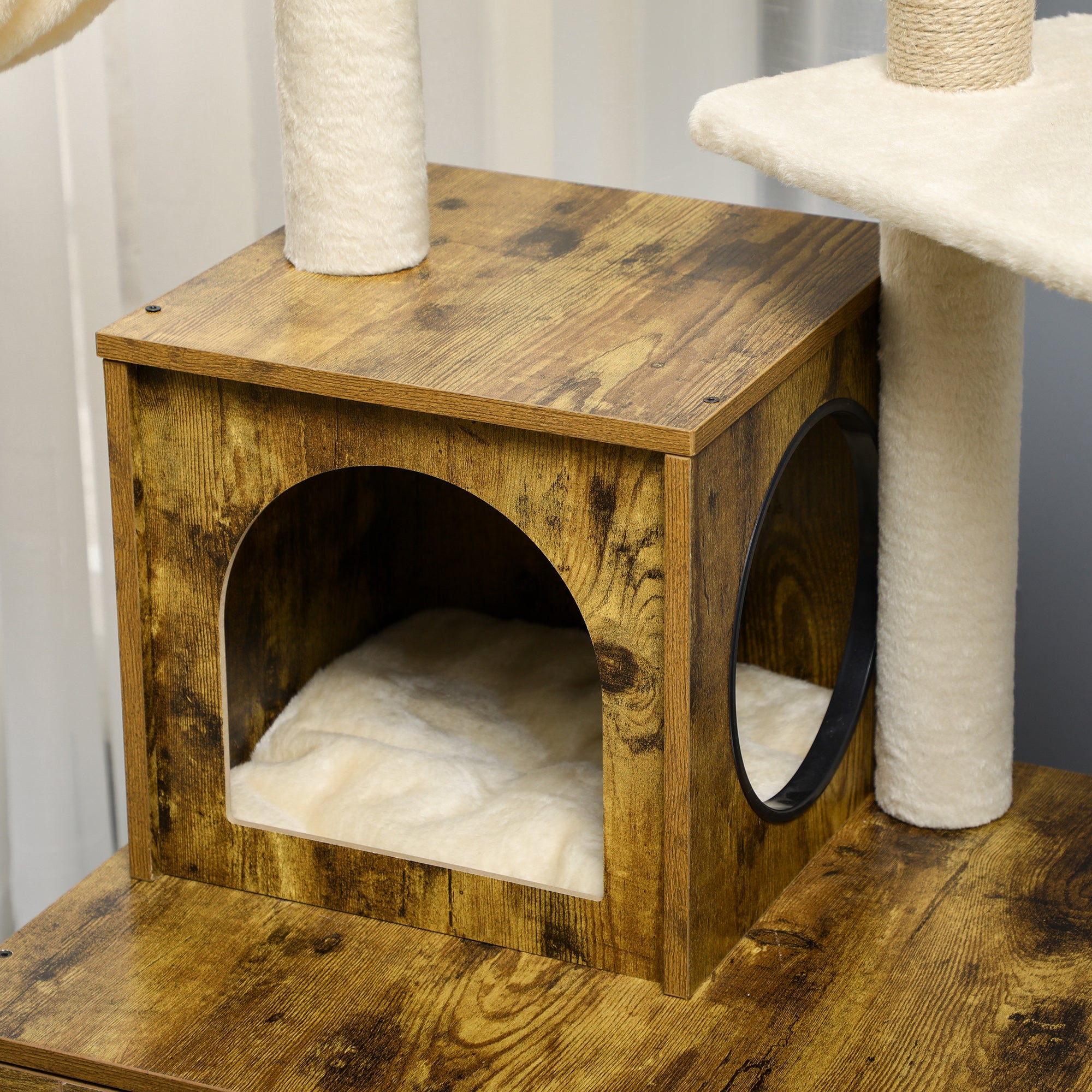 Cat Tree with Litter Box Enclosure, 2-in-1 Cat Tower for Indoor Cats with Cat House, Scratching Post, Hammock, Cushion, Rustic Brown