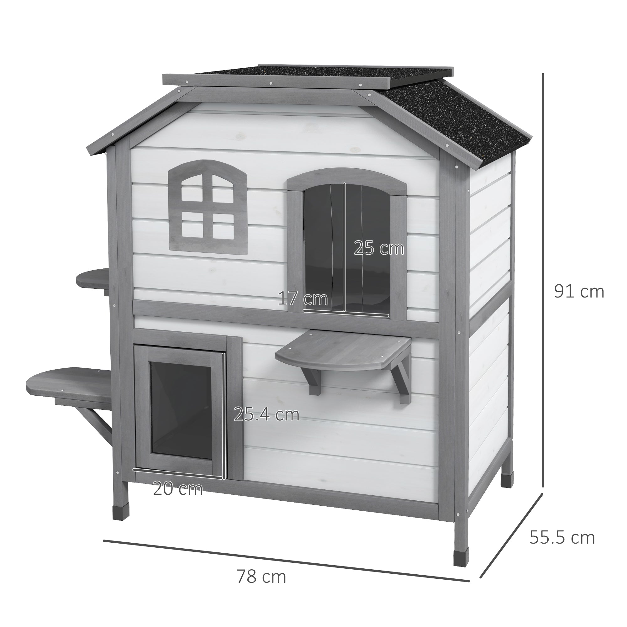 2-story Cat House Outdoor, Weatherproof Wooden Cat Enclosure for Feral Cats with Escape Door, Openable Roof, Jumping Platforms, White