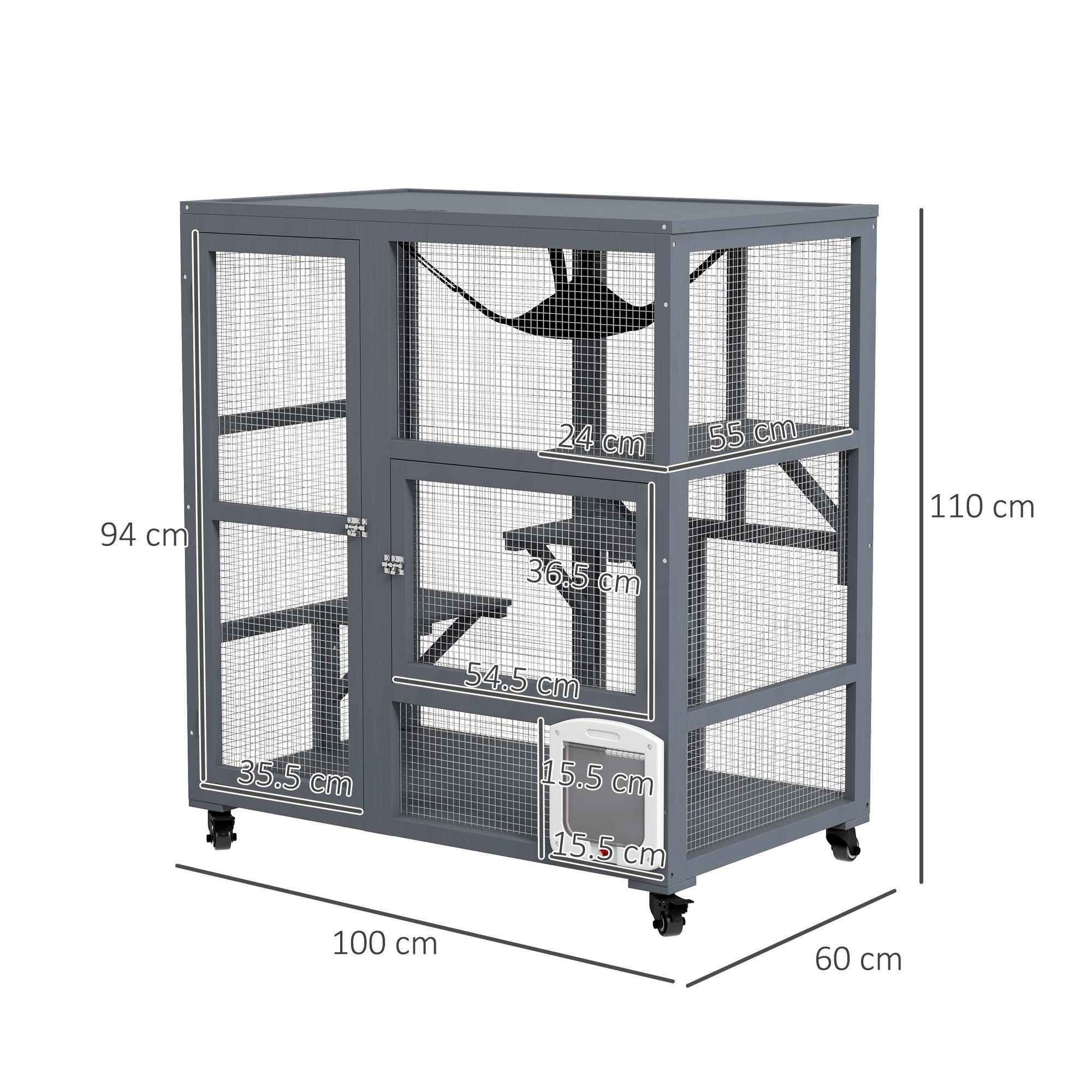 Cat Cage House, Catio Cat Indoor Enclosure on Wheels, Weather-Resistant Wooden Kitty Cage with Platforms, Hammock, Light Grey
