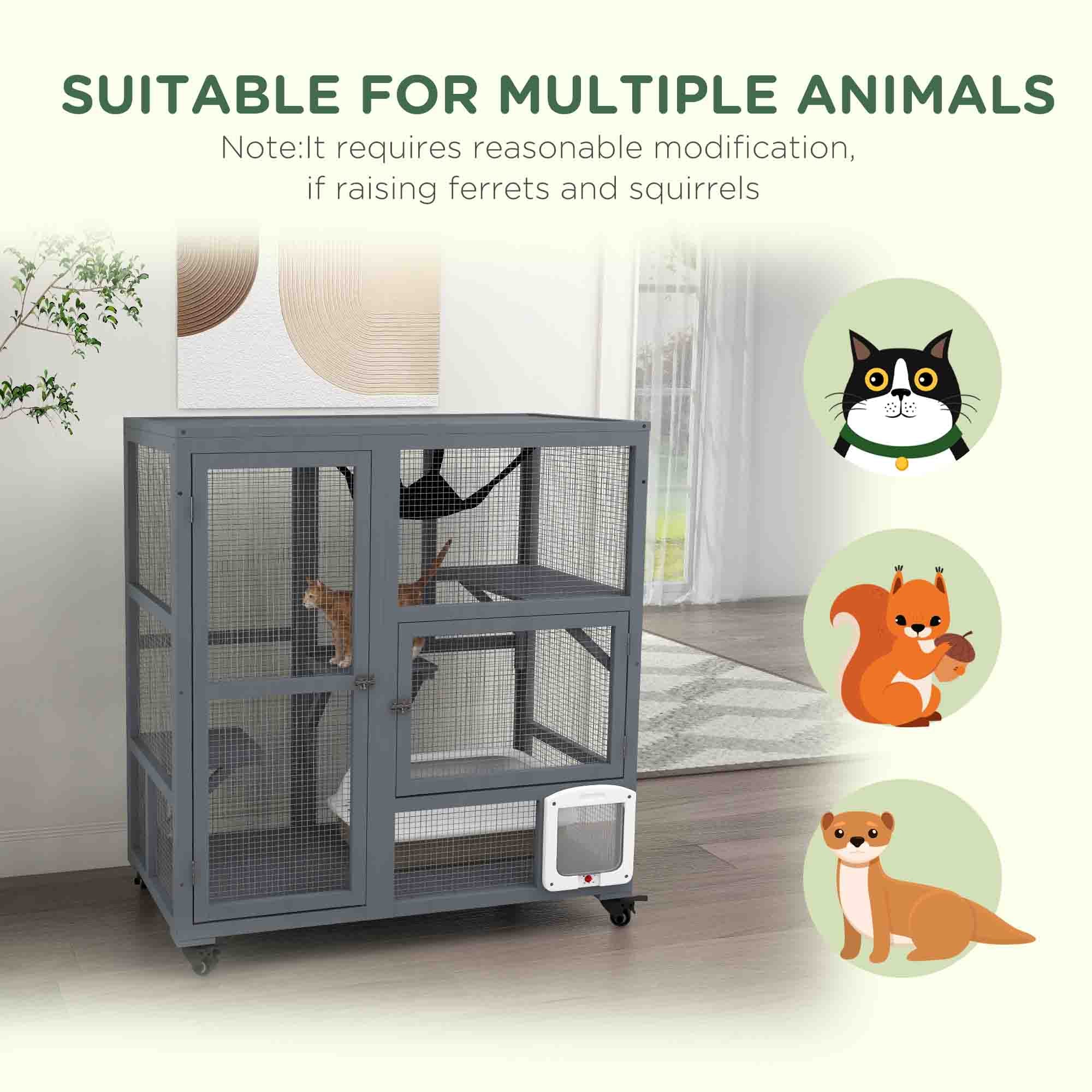 Wooden Cat House for Indoor 3 Levels Cat Condo Villa on Wheels with Flap Door Platforms Hammock Openable Top for 2 Kittens, Light Grey