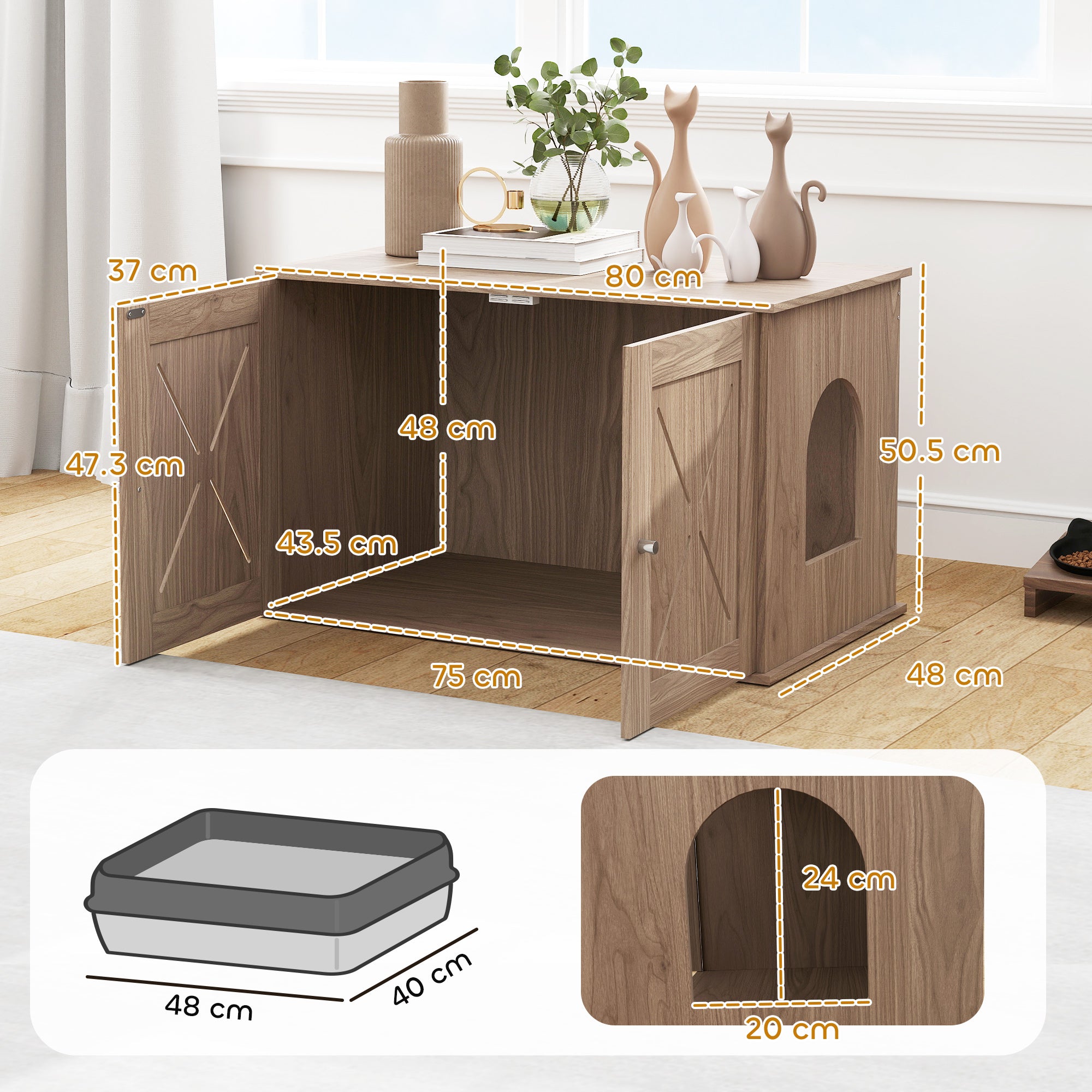 Cat Litter Box Enclosure, Cats House Litter Box Furniture with Double Doors and Side Entrance, Non-Slip Pads, Indoor Kitty House Hidden Washroom Toilet for Living Room, Walnut Brown
