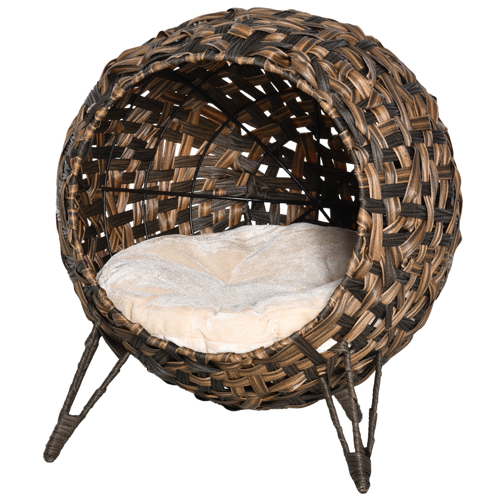 PawHut 20.5" Weaved Cat Bed, Elevated Hand-woven Braided Banana Leaf Kitten House Condo with Cushion, Brown