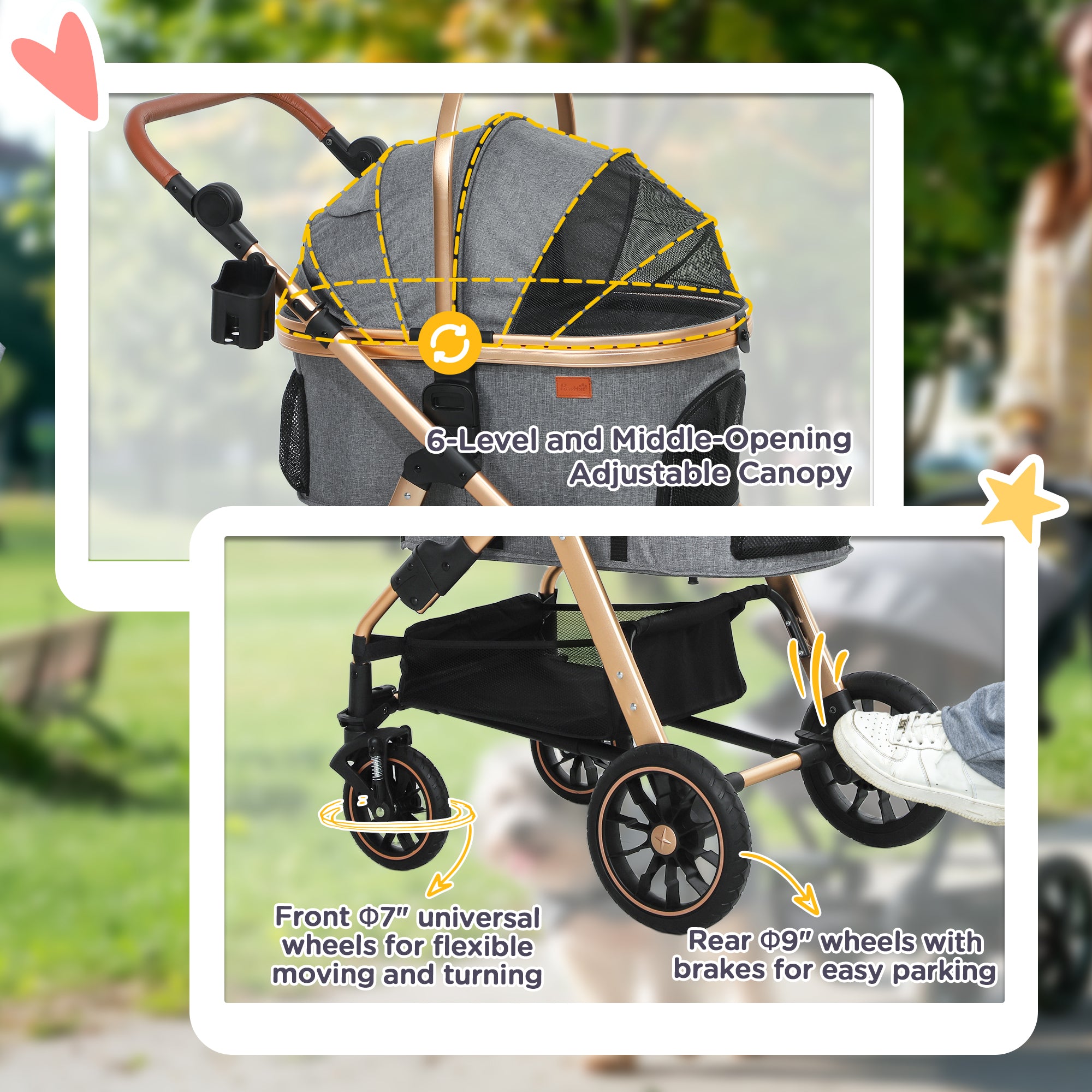 PawHut 3 in 1 Dog Stroller with Detachable Cabin, 4 Wheel Folding Lightweight Pet Stroller with Adjustable Canopy, Rubber Wheels, Storage Basket, Cupholder, Cat Stroller for Small Dogs and Cats, Gray