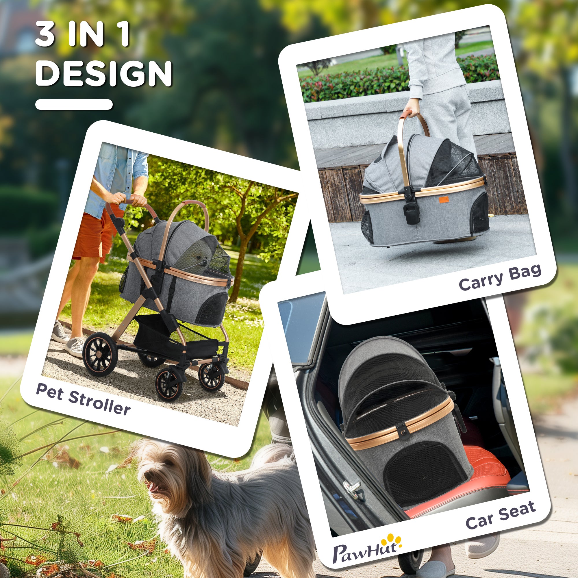PawHut 3 in 1 Dog Stroller with Detachable Cabin, 4 Wheel Folding Lightweight Pet Stroller with Adjustable Canopy, Rubber Wheels, Storage Basket, Cupholder, Cat Stroller for Small Dogs and Cats, Gray