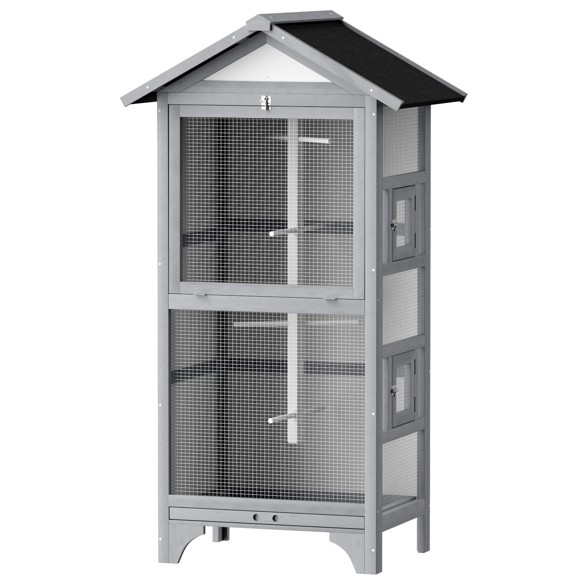 Wooden Bird Aviary Parrot Cage Pet Furniture Large Outdoor Play House with Removable Bottom Tray, 2 Doors, Asphalt Roof, 4 Perches, Light Grey