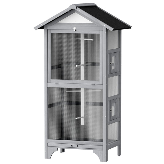Wooden Bird Aviary Parrot Cage Pet Furniture Large Outdoor Play House with Removable Bottom Tray, 2 Doors, Asphalt Roof, 4 Perches, Light Grey