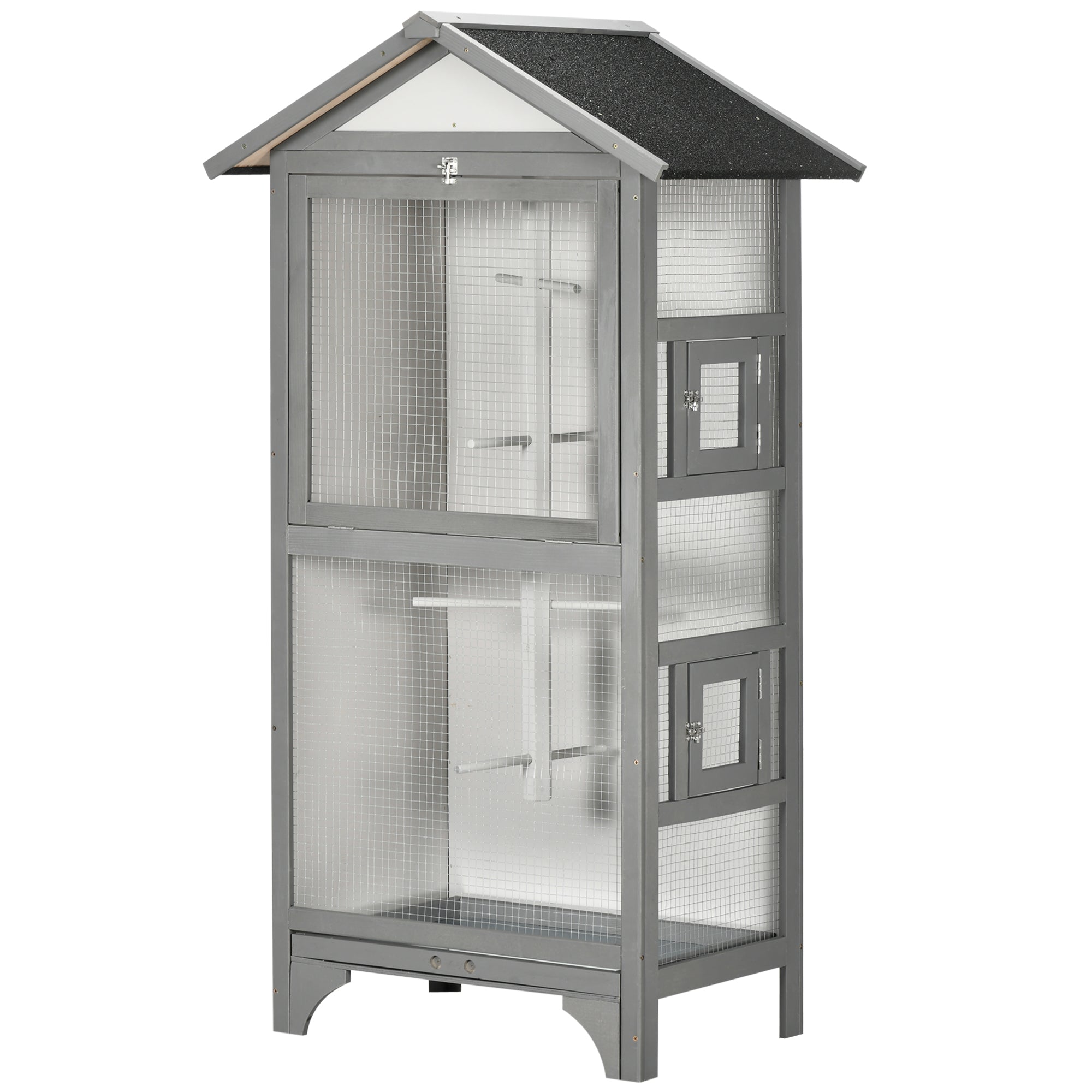 Wooden Bird Aviary Parrot Cage Pet Furniture Large Outdoor Play House with Removable Bottom Tray, 2 Doors, Asphalt Roof, 4 Perches, Light Grey