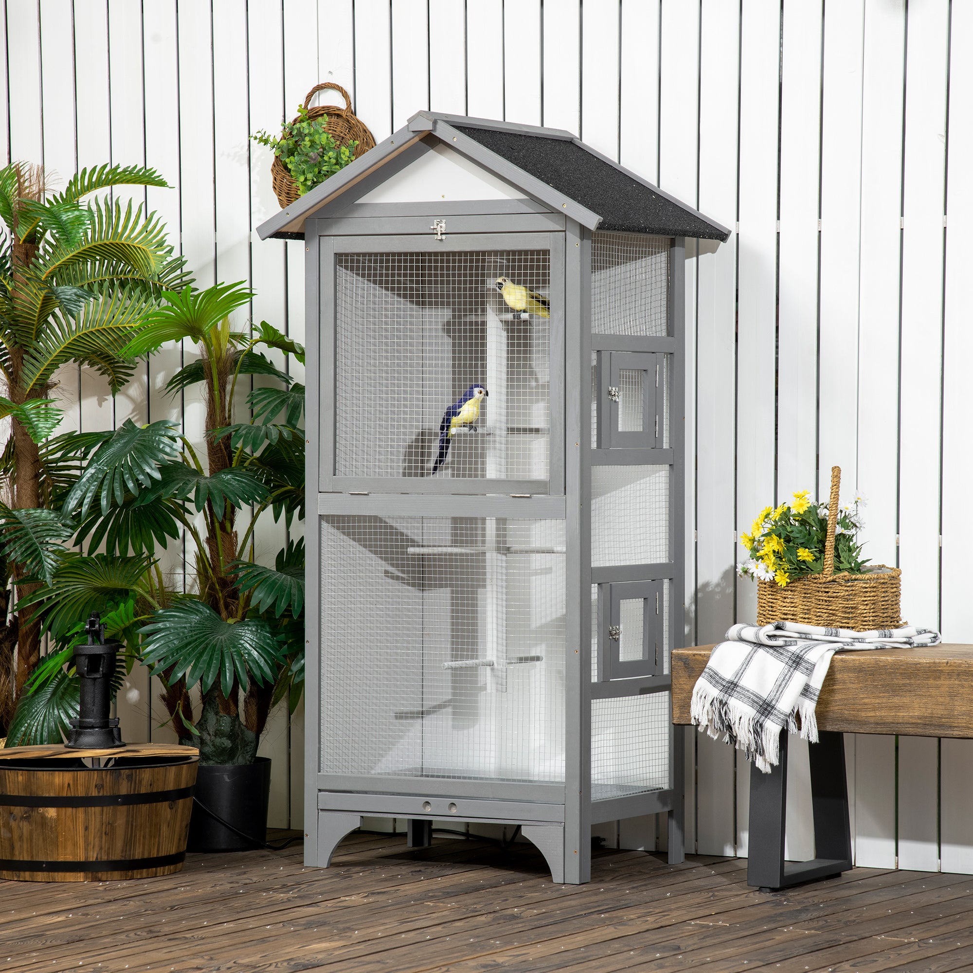 Wooden Bird Aviary Parrot Cage Pet Furniture Large Outdoor Play House with Removable Bottom Tray, 2 Doors, Asphalt Roof, 4 Perches, Light Grey
