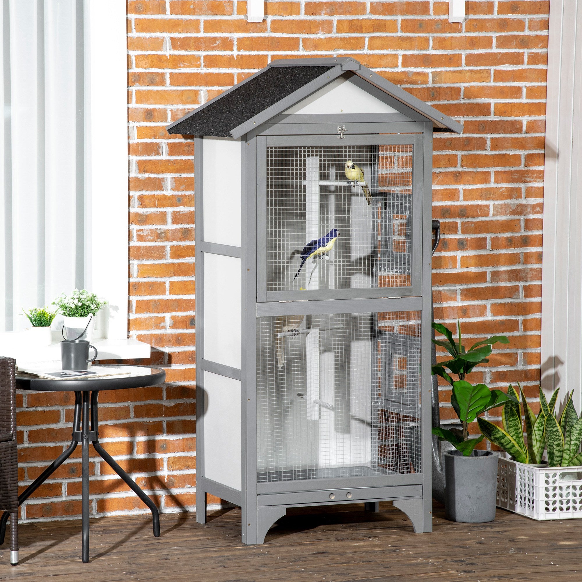 Wooden Bird Aviary Parrot Cage Pet Furniture Large Outdoor Play House with Removable Bottom Tray, 2 Doors, Asphalt Roof, 4 Perches, Light Grey