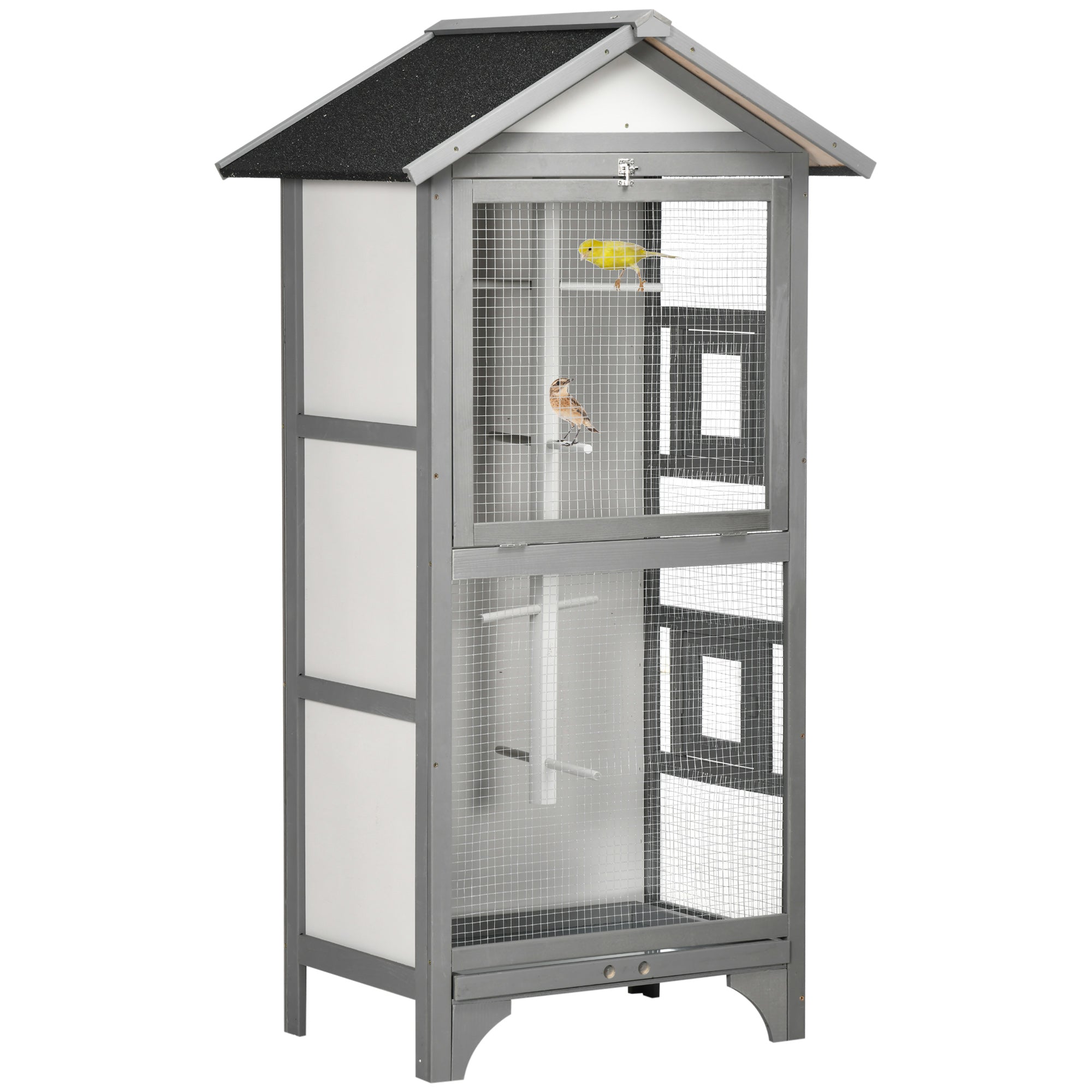 Wooden Bird Aviary Parrot Cage Pet Furniture Large Outdoor Play House with Removable Bottom Tray, 2 Doors, Asphalt Roof, 4 Perches, Light Grey