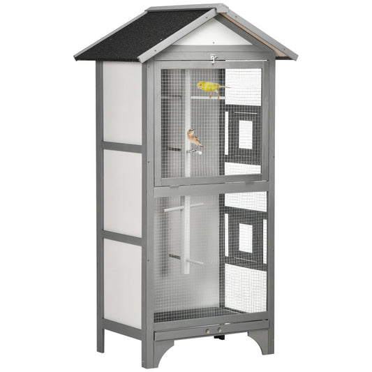 Wooden Bird Aviary Parrot Cage Pet Furniture Large Outdoor Play House with Removable Bottom Tray, 2 Doors, Asphalt Roof, 4 Perches, Light Grey