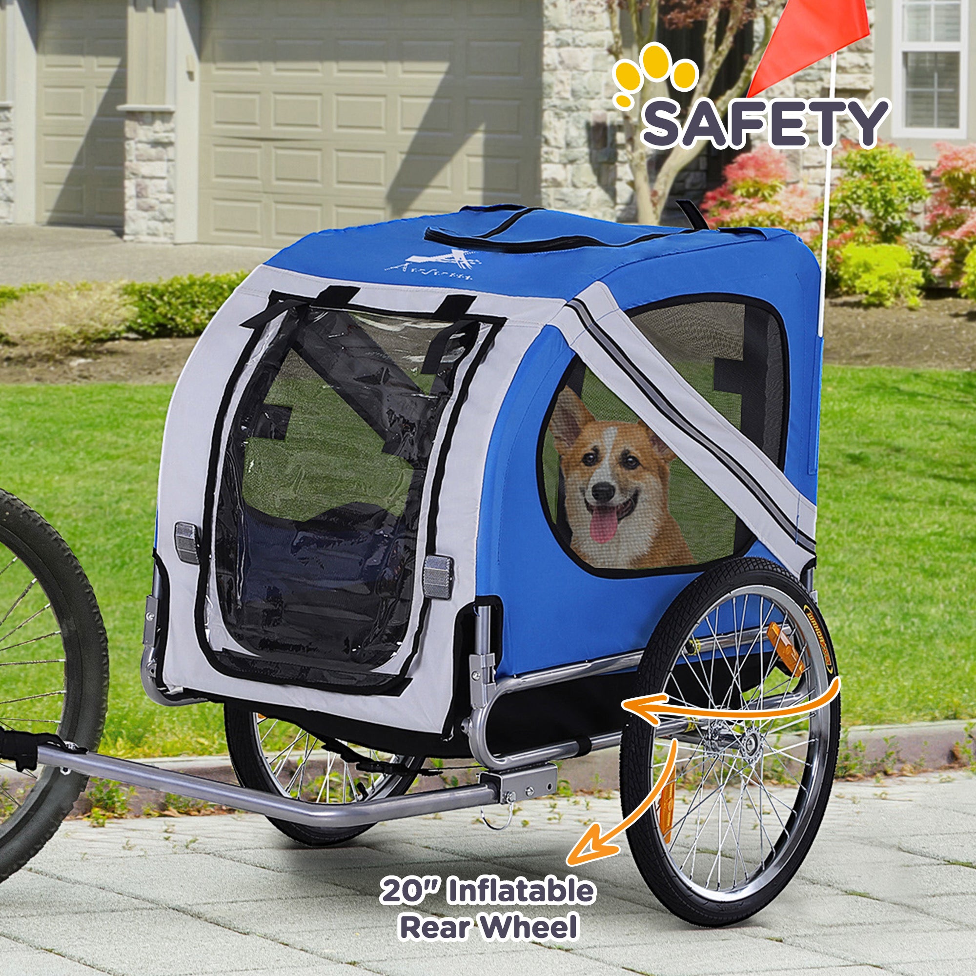 Aosom Dog Bike Trailer, Pet Wagon Bicycle Trailer with Easy Folding Cart Frame, 20" Large Rubber Wheels, 3 Entrances, Mesh Screen, Pet Bike Trailer for Off-Road & Travel, Blue and White