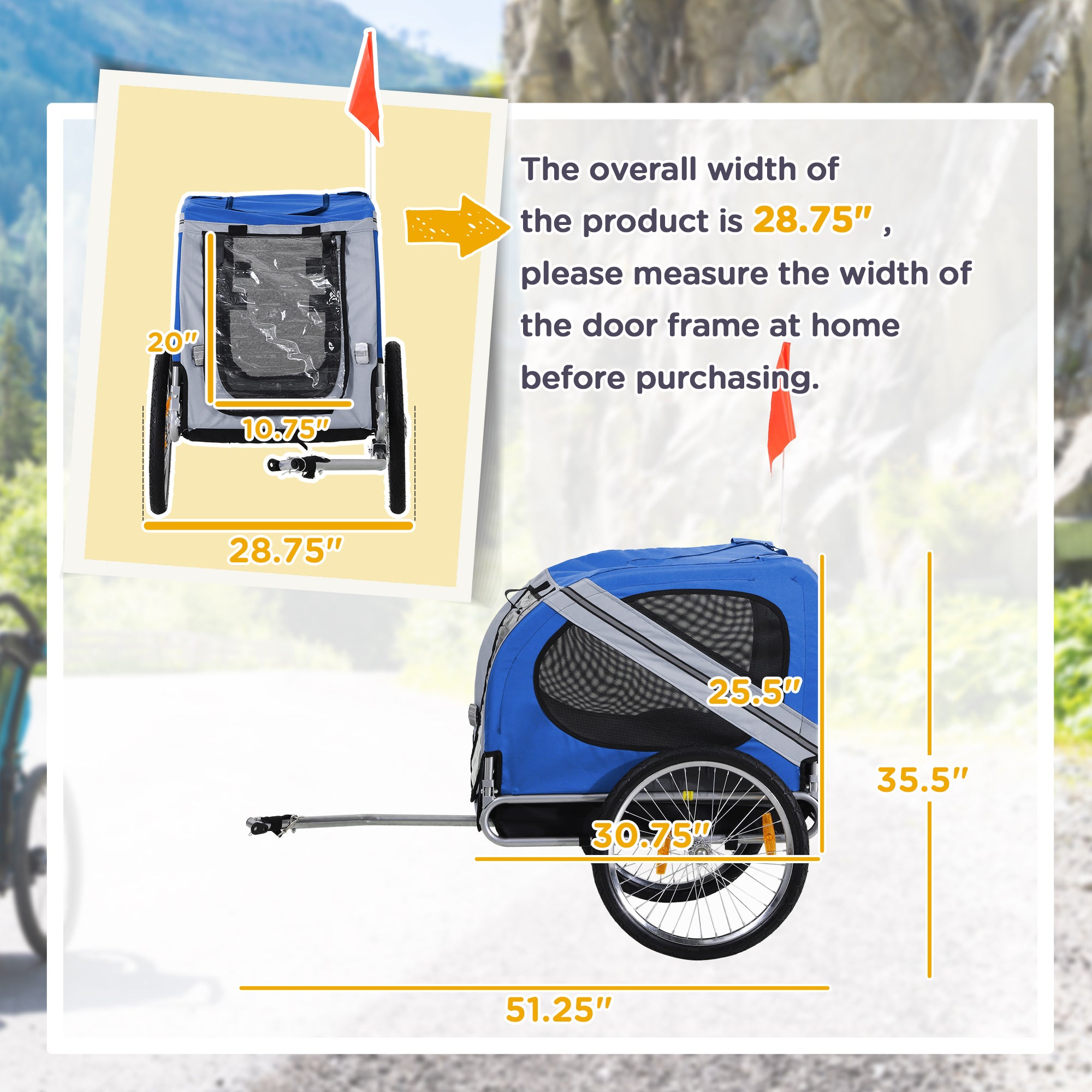 Aosom Dog Bike Trailer, Pet Wagon Bicycle Trailer with Easy Folding Cart Frame, 20" Large Rubber Wheels, 3 Entrances, Mesh Screen, Pet Bike Trailer for Off-Road & Travel, Blue and White