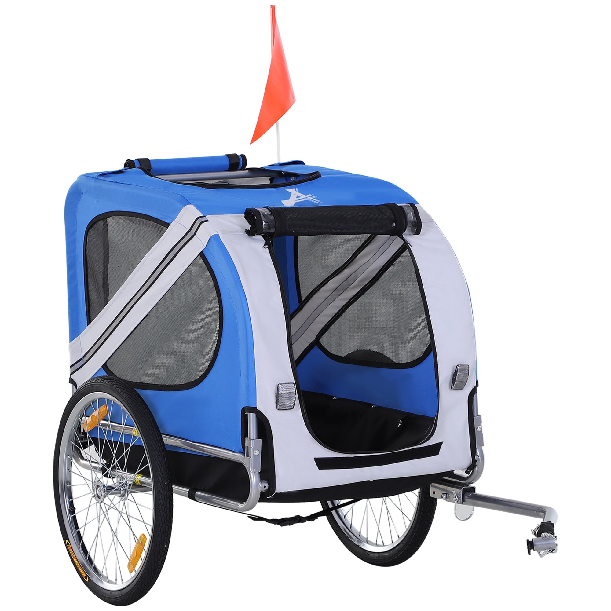 Aosom Dog Bike Trailer, Pet Wagon Bicycle Trailer with Easy Folding Cart Frame, 20" Large Rubber Wheels, 3 Entrances, Mesh Screen, Pet Bike Trailer for Off-Road & Travel, Blue and White