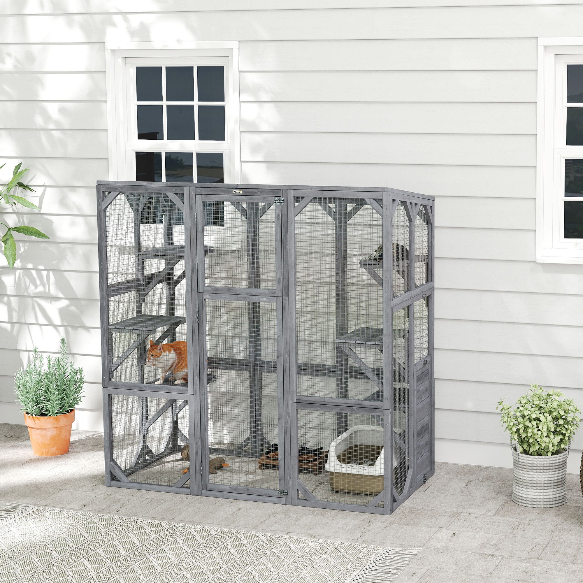 PawHut Catio Outdoor Cat Enclosure, Large Wooden Cat House with 6 Jumping Platforms, Weatherproof Roof, Outdoor Cat Cage Cat Shelter for 1-3 Cats, 59" x 28" x 60", Gray