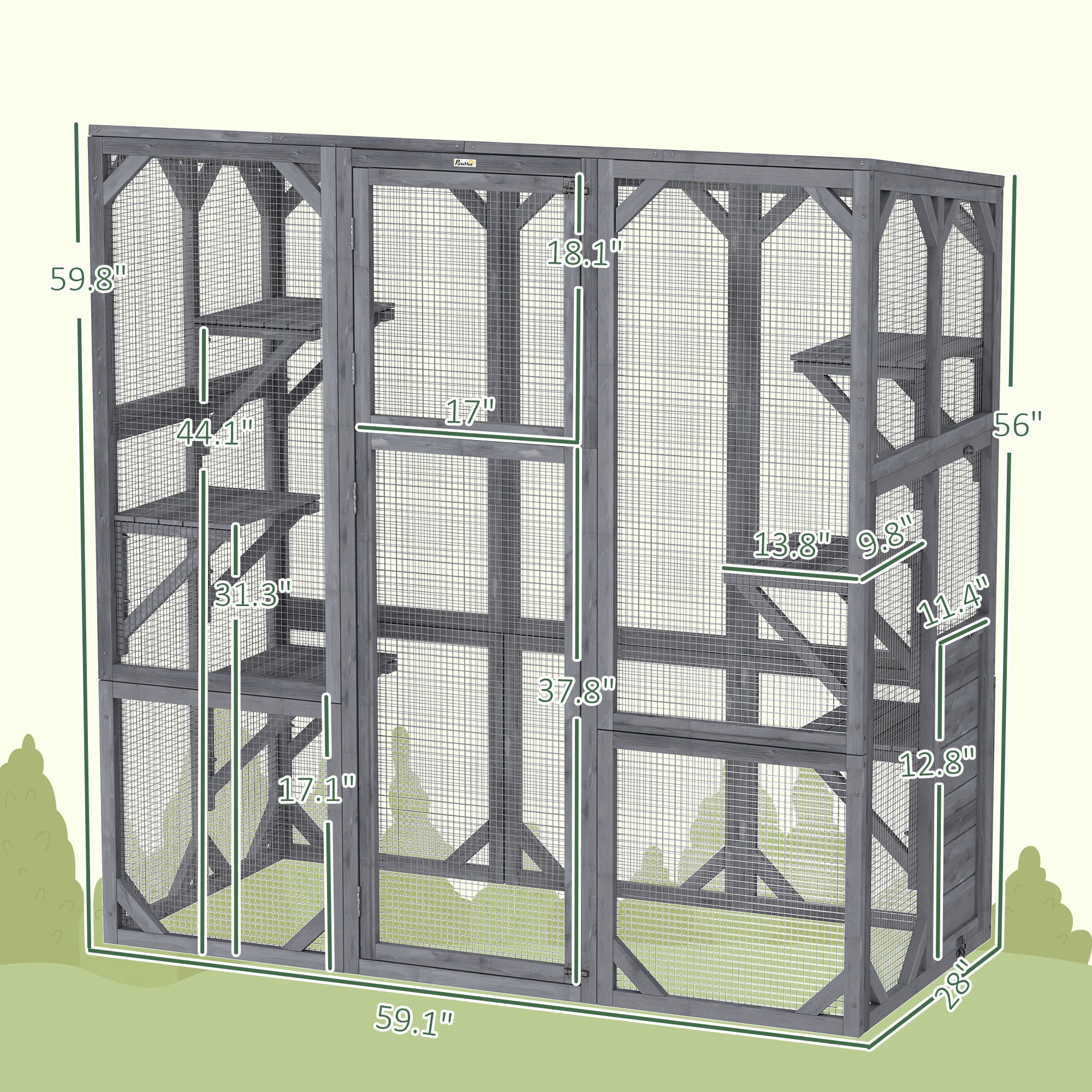 PawHut Catio Outdoor Cat Enclosure, Large Wooden Cat House with 6 Jumping Platforms, Weatherproof Roof, Outdoor Cat Cage Cat Shelter for 1-3 Cats, 59" x 28" x 60", Gray