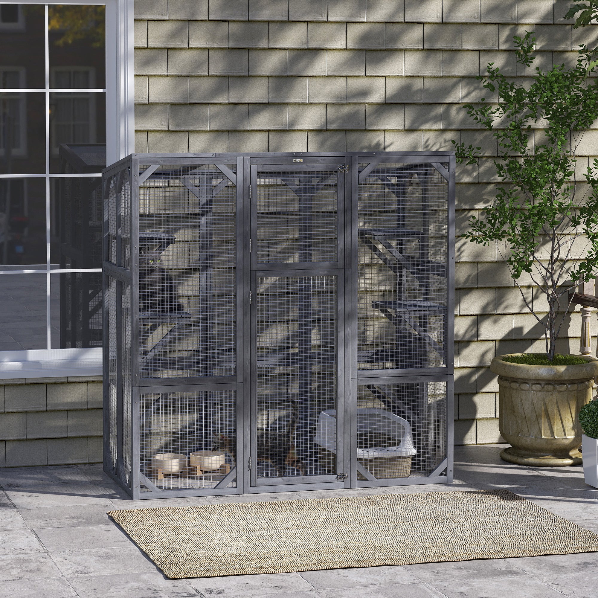 PawHut Catio Outdoor Cat Enclosure, Large Wooden Cat House with 6 Jumping Platforms, Weatherproof Roof, Outdoor Cat Cage Cat Shelter for 1-3 Cats, 59" x 28" x 60", Gray