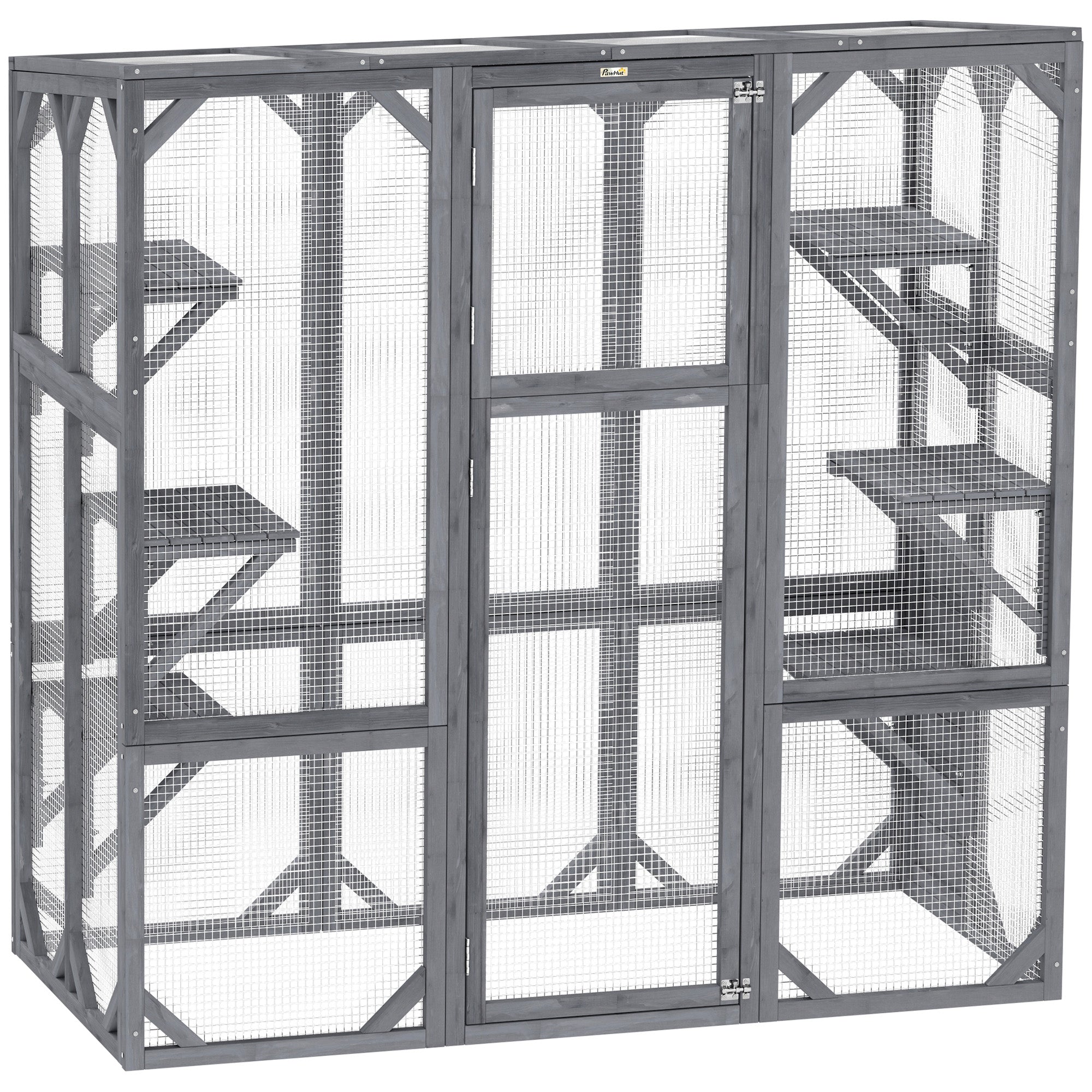 PawHut Catio Outdoor Cat Enclosure, Large Wooden Cat House with 6 Jumping Platforms, Weatherproof Roof, Outdoor Cat Cage Cat Shelter for 1-3 Cats, 59" x 28" x 60", Gray