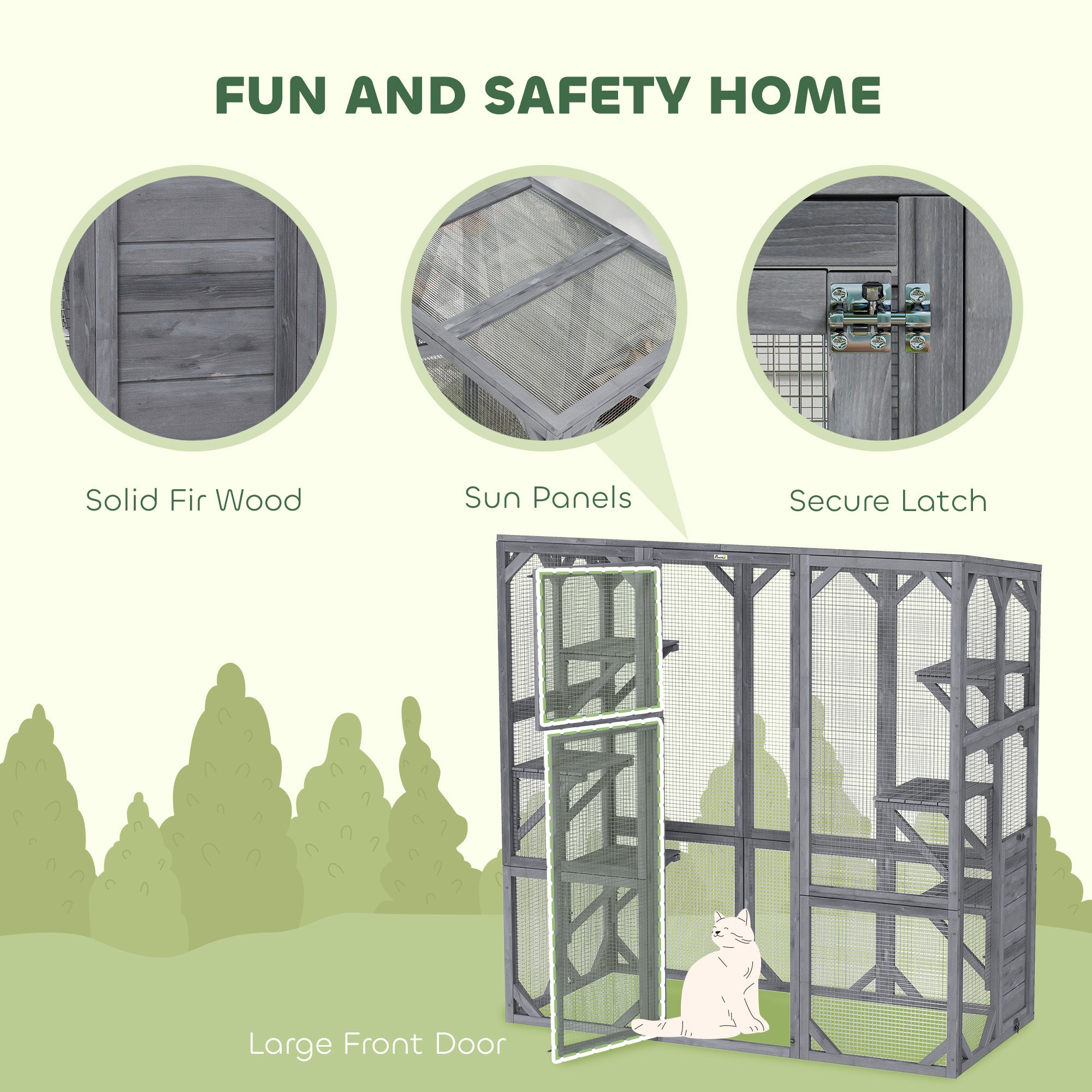 PawHut Catio Outdoor Cat Enclosure, Large Wooden Cat House with 6 Jumping Platforms, Weatherproof Roof, Outdoor Cat Cage Cat Shelter for 1-3 Cats, 59" x 28" x 60", Gray