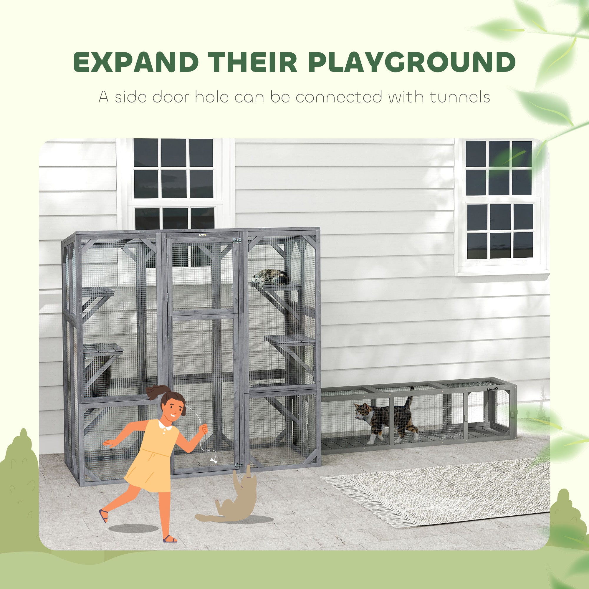 PawHut Catio Outdoor Cat Enclosure, Large Wooden Cat House with 6 Jumping Platforms, Weatherproof Roof, Outdoor Cat Cage Cat Shelter for 1-3 Cats, 59" x 28" x 60", Gray