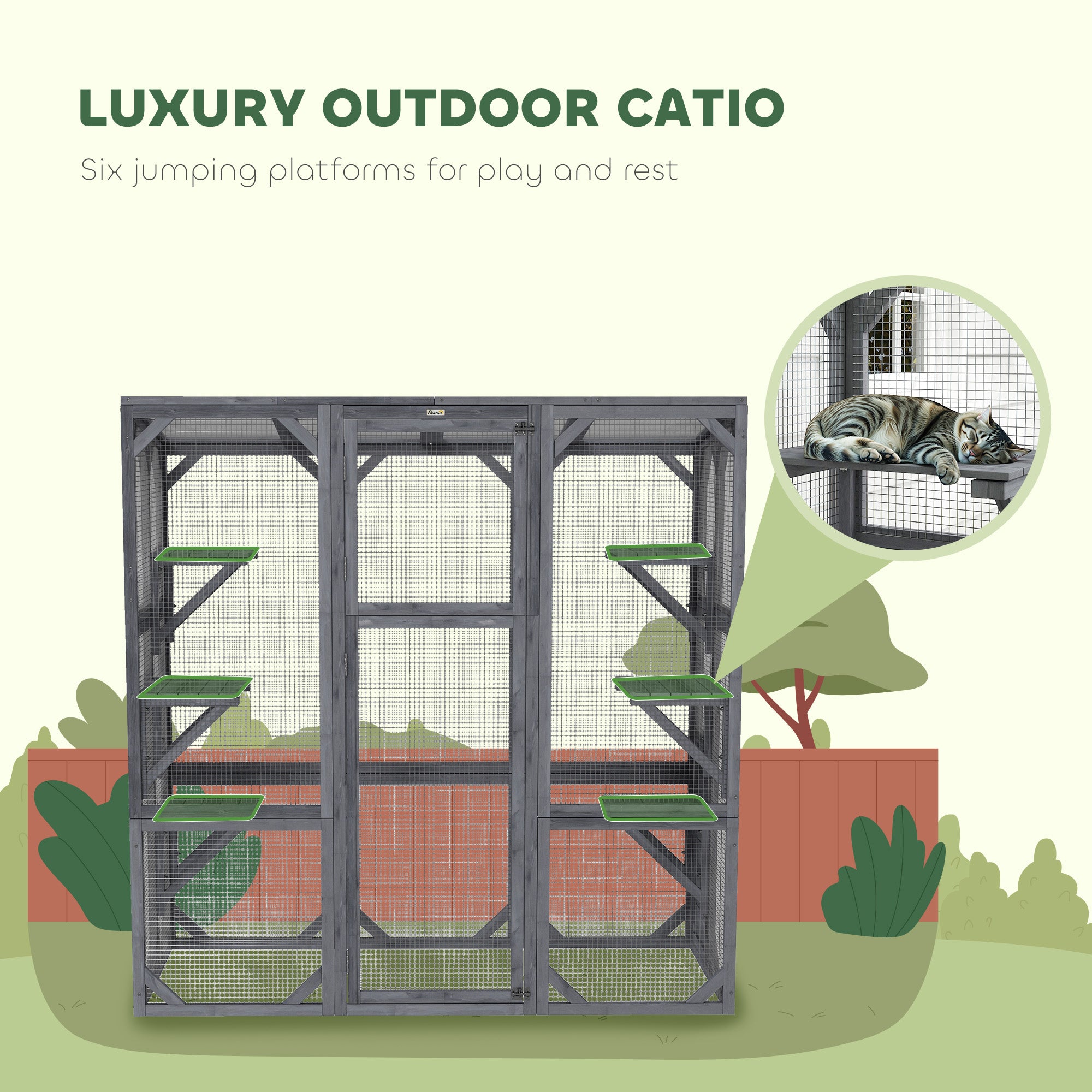 PawHut Catio Outdoor Cat Enclosure, Large Wooden Cat House with 6 Jumping Platforms, Weatherproof Roof, Outdoor Cat Cage Cat Shelter for 1-3 Cats, 59" x 28" x 60", Gray
