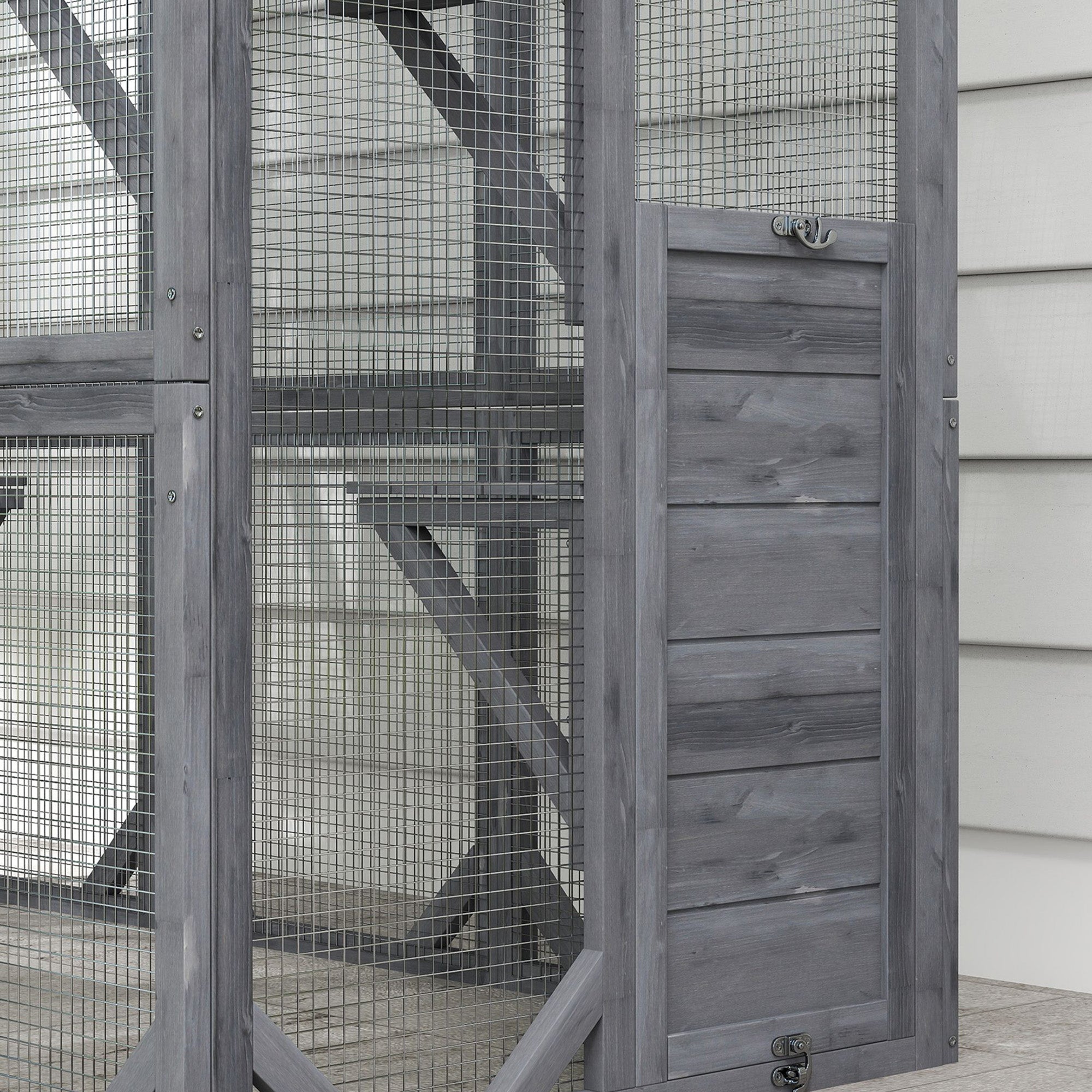 PawHut Catio Outdoor Cat Enclosure, Large Wooden Cat House with 6 Jumping Platforms, Weatherproof Roof, Outdoor Cat Cage Cat Shelter for 1-3 Cats, 59" x 28" x 60", Gray