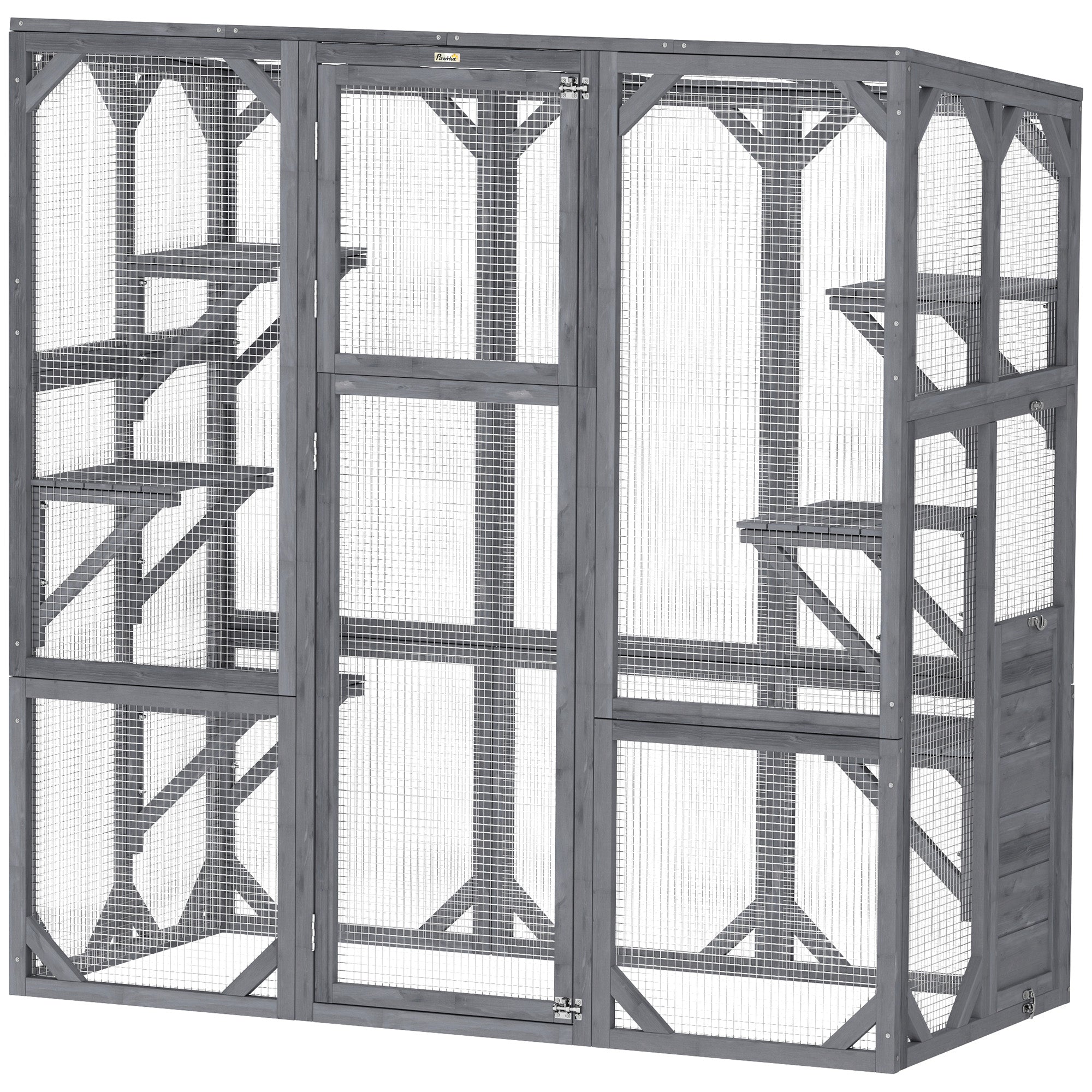PawHut Catio Outdoor Cat Enclosure, Large Wooden Cat House with 6 Jumping Platforms, Weatherproof Roof, Outdoor Cat Cage Cat Shelter for 1-3 Cats, 59" x 28" x 60", Gray