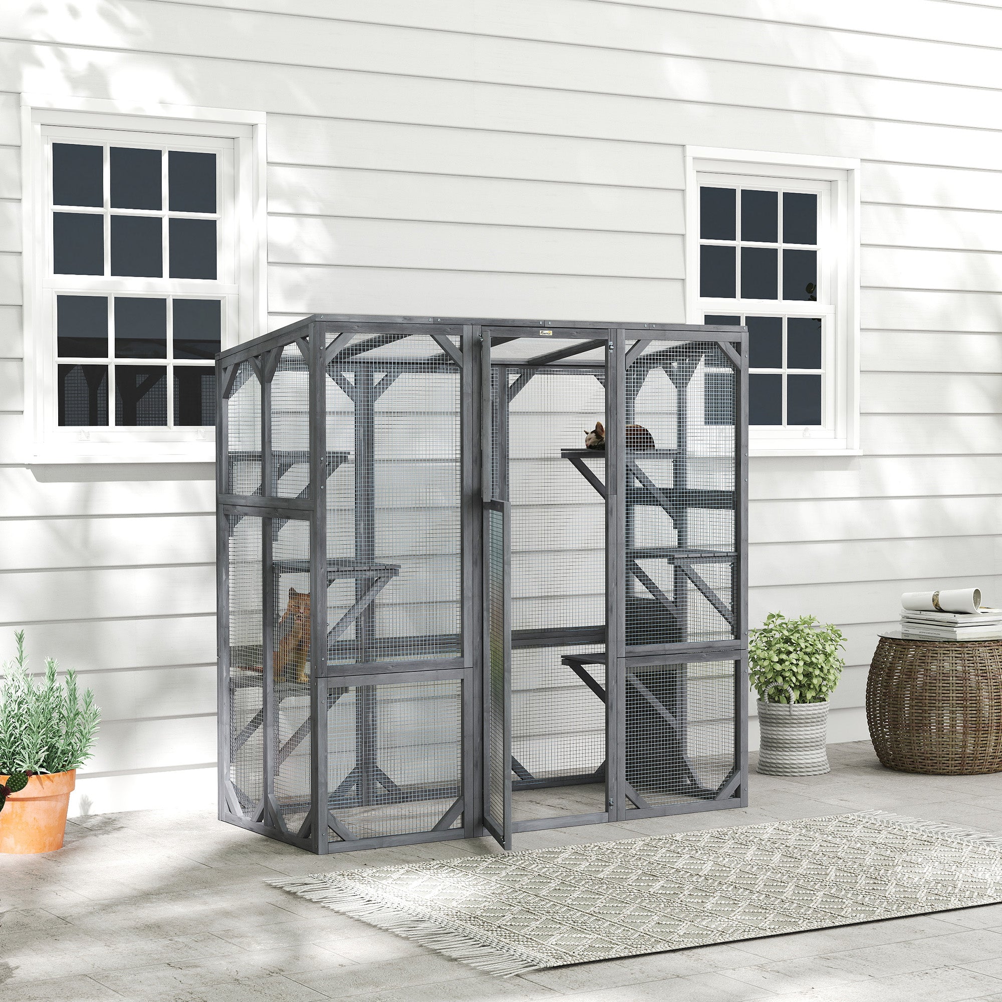 PawHut Catio Outdoor Cat Enclosure, Large Wooden Cat House with 6 Jumping Platforms, Weatherproof Roof, Outdoor Cat Cage Cat Shelter for 1-3 Cats, 59" x 28" x 60", Gray