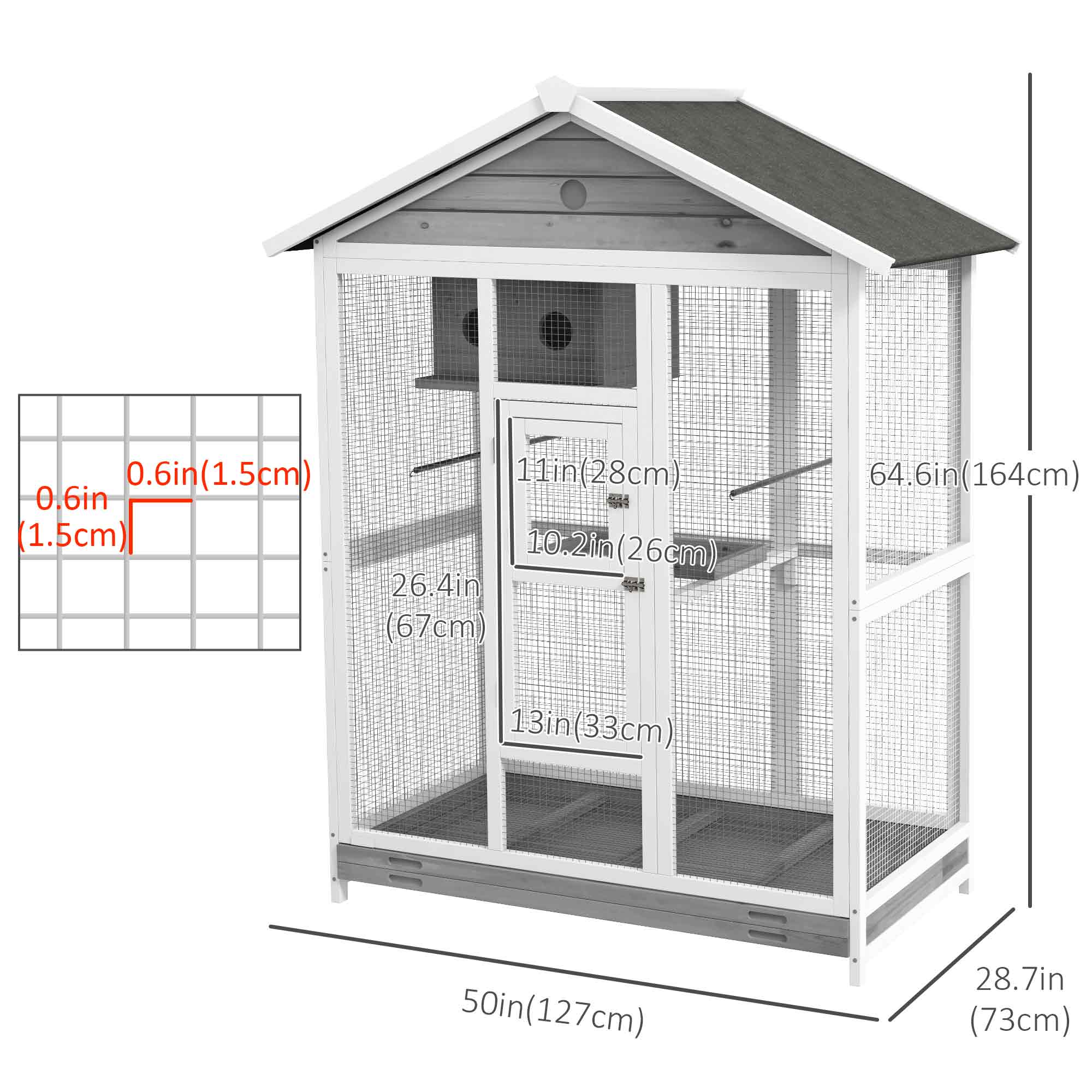 65" Bird Cage Large Wooden Aviary for Canary with Standing Pole Nest Slide-out Tray, for Indoor Outdoor, Grey