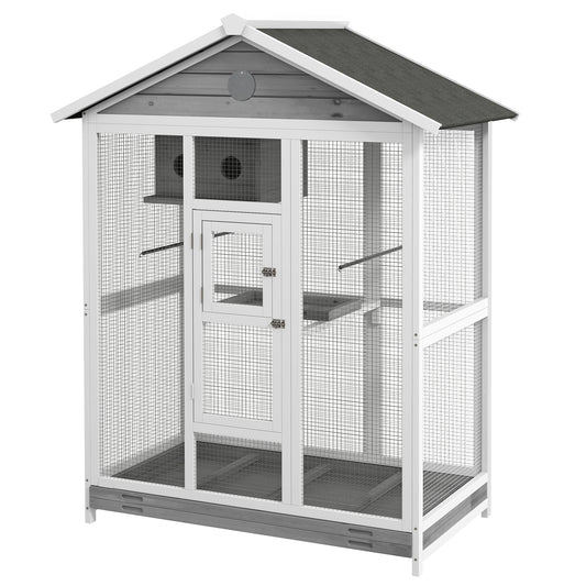 65" Bird Cage Large Wooden Aviary for Canary with Standing Pole Nest Slide-out Tray, for Indoor Outdoor, Grey