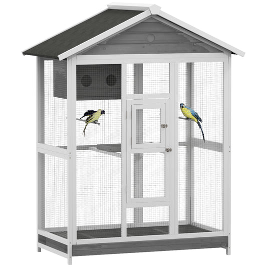 PawHut 64.5" Wooden Bird Cage Aviary, Flight Cage with 4 Perches, Nest and Slide-Out Tray for Indoor/Outdoor, Gray