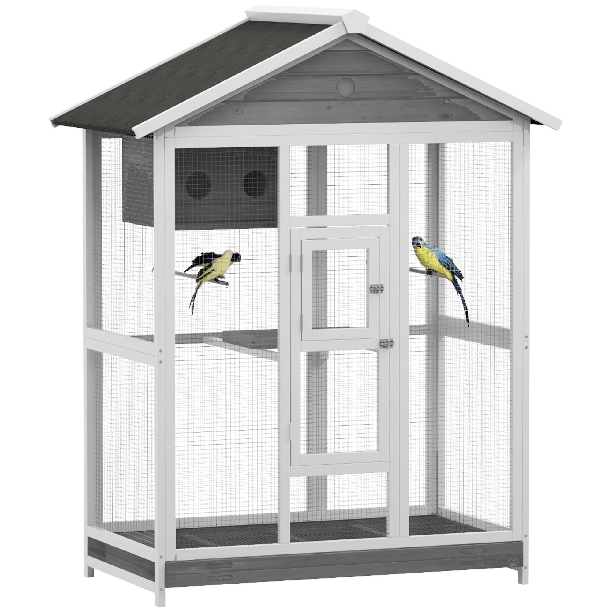 65" Bird Cage Large Wooden Aviary for Canary with Standing Pole Nest Slide-out Tray, for Indoor Outdoor, Grey