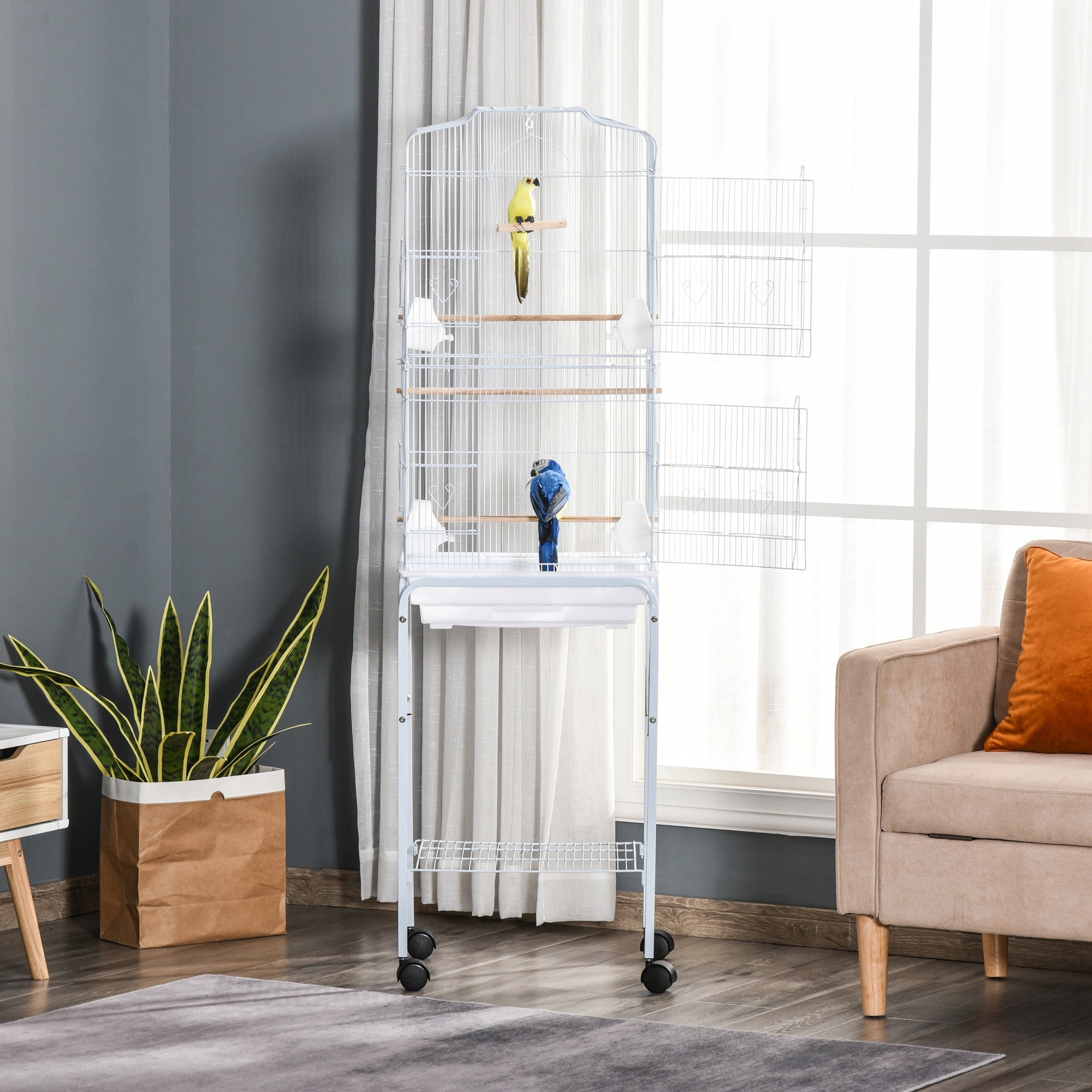 Bird Cage Budgie Cages for Finch Canary Parakeet with Stand Wheels Slide-out Tray Accessories Storage Shelf, White 46.5 x 36 x 157 cm