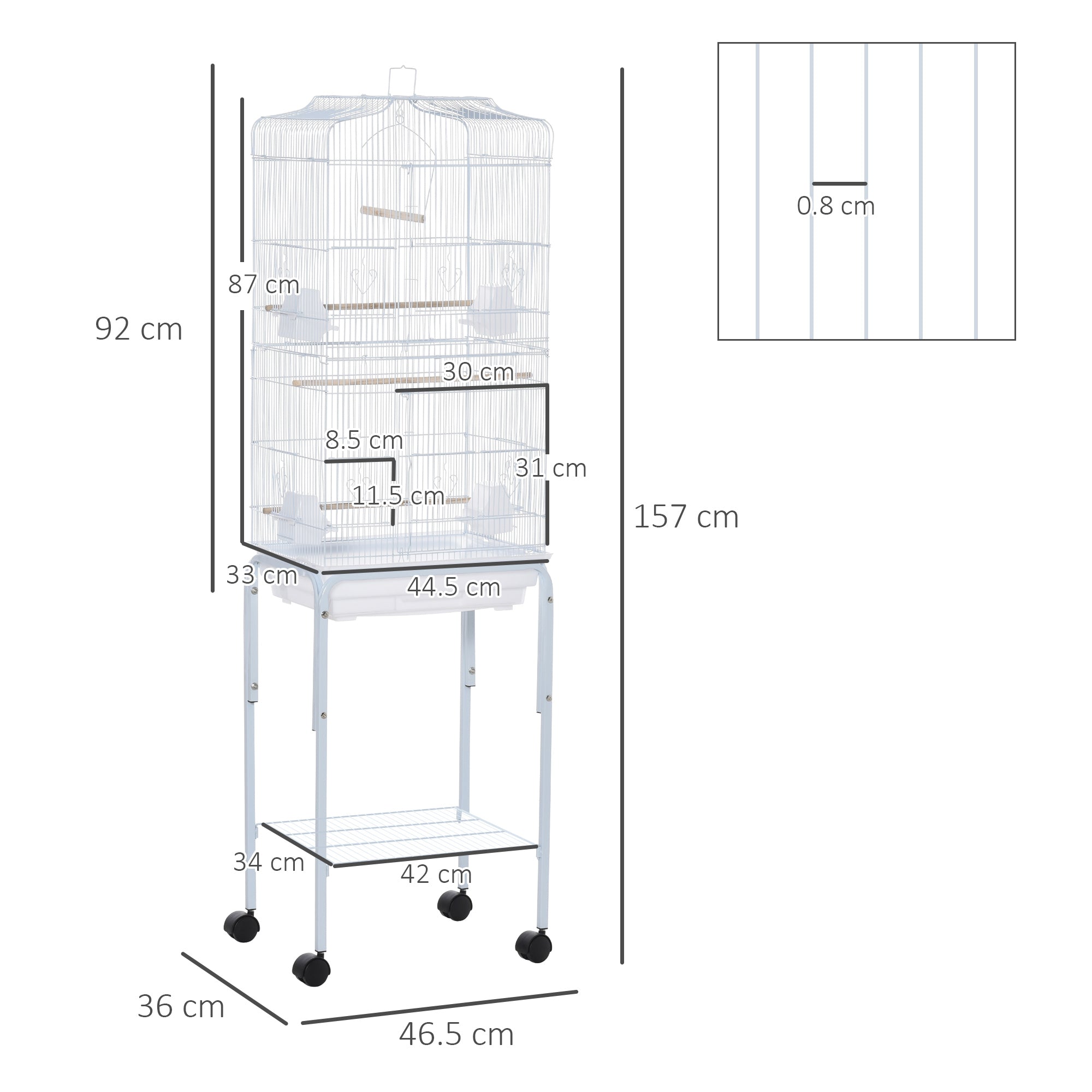 Bird Cage Budgie Cages for Finch Canary Parakeet with Stand Wheels Slide-out Tray Accessories Storage Shelf, White 46.5 x 36 x 157 cm