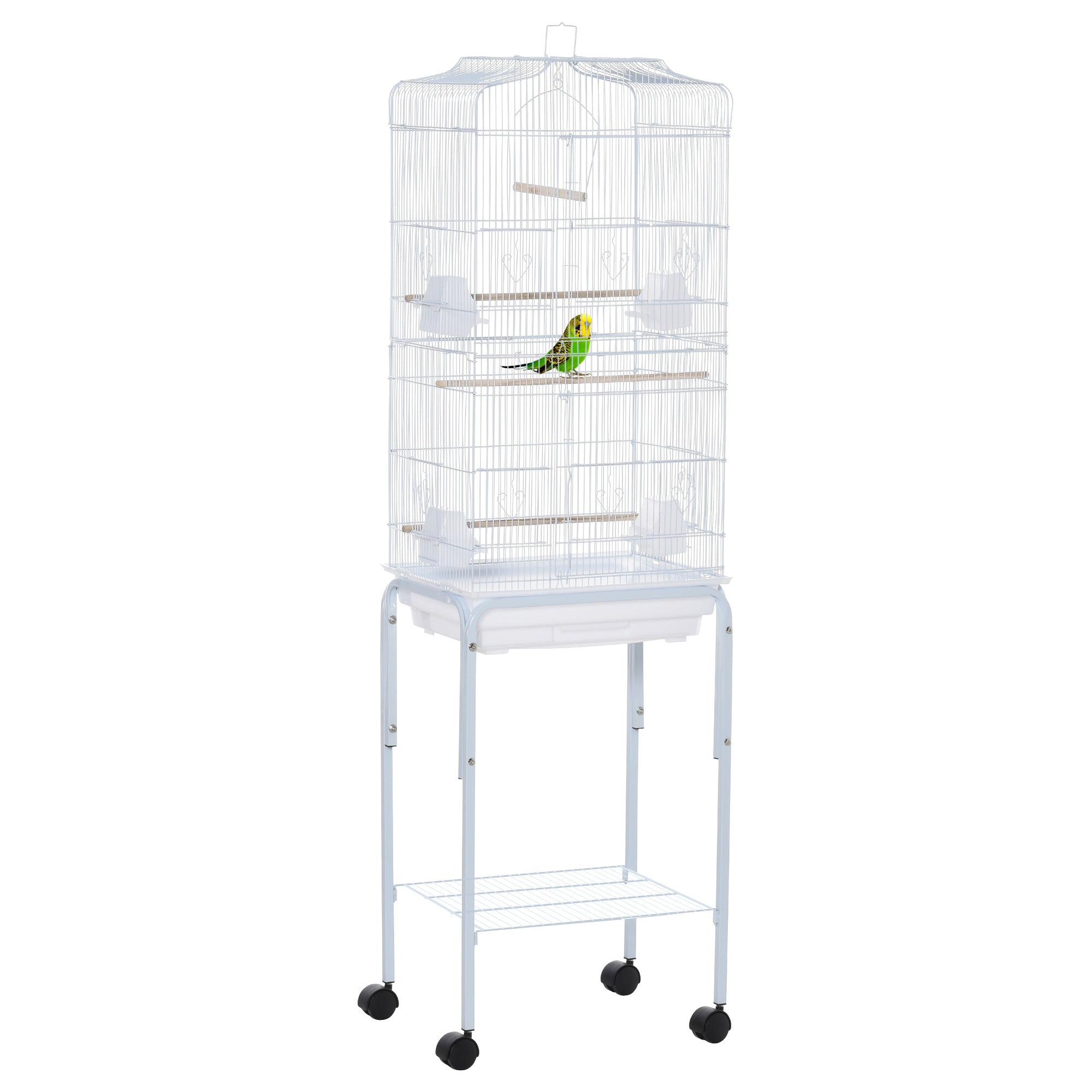 Bird Cage Budgie Cages for Finch Canary Parakeet with Stand Wheels Slide-out Tray Accessories Storage Shelf, White 46.5 x 36 x 157 cm