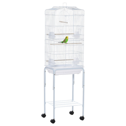 Bird Cage Budgie Cages for Finch Canary Parakeet with Stand Wheels Slide-out Tray Accessories Storage Shelf, White 46.5 x 36 x 157 cm