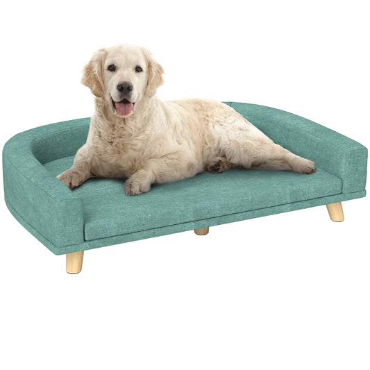 PawHut Dog Sofa Couch, Pet Bed with Comfortable Luxury Cushion, Washable Cover, Wooden Legs, Anti-slip Mat for Large Dogs, Cats, Kittens, Green