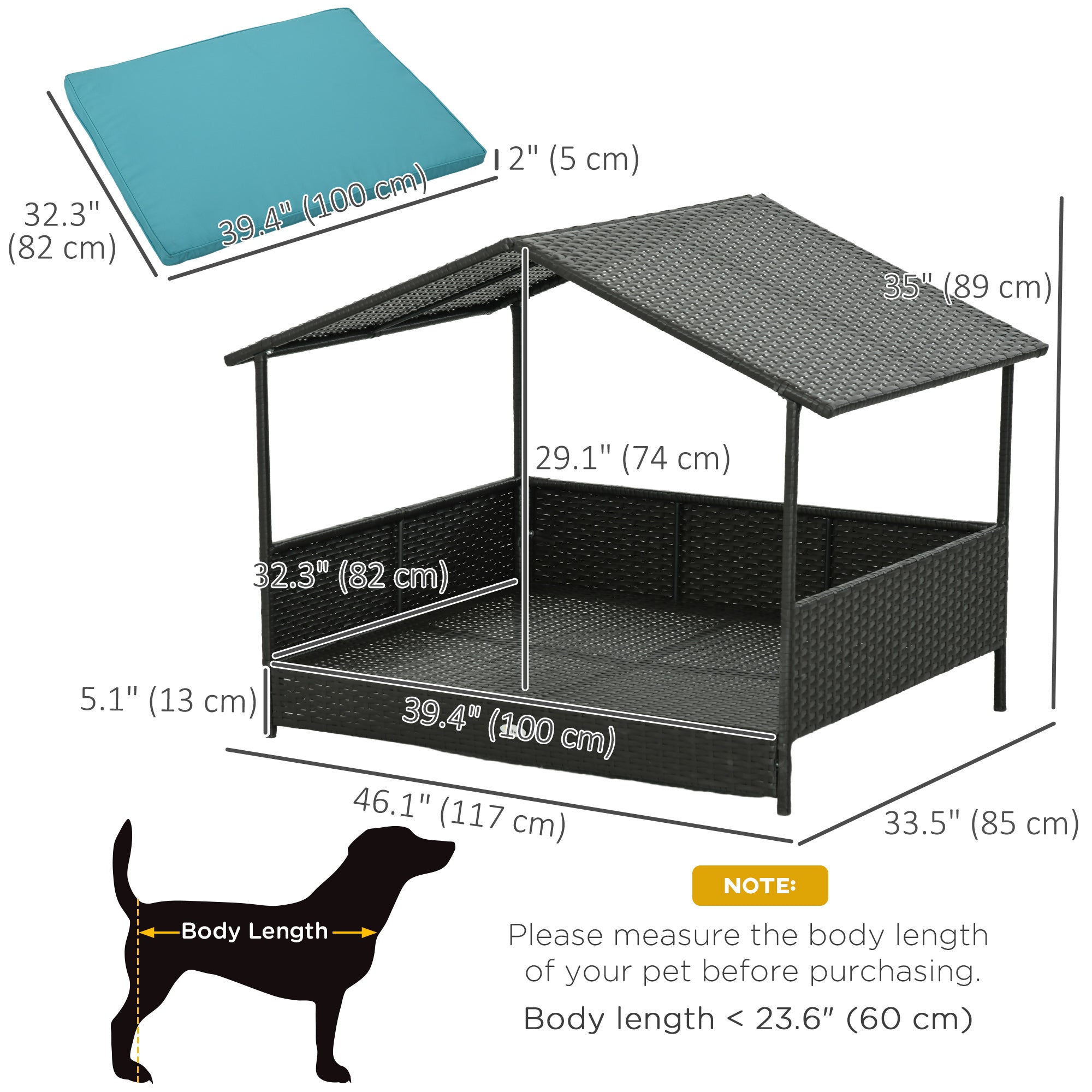 Rattan Dog House Outdoor with Shade Canopy, Elevated Wicker Dog Bed with Soft Cushion Washable Cover, for Medium Large Dogs, Blue