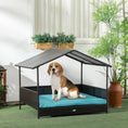 Load image into Gallery viewer, Rattan Dog House Outdoor with Shade Canopy, Elevated Wicker Dog Bed with Soft Cushion Washable Cover, for Medium Large Dogs, Blue