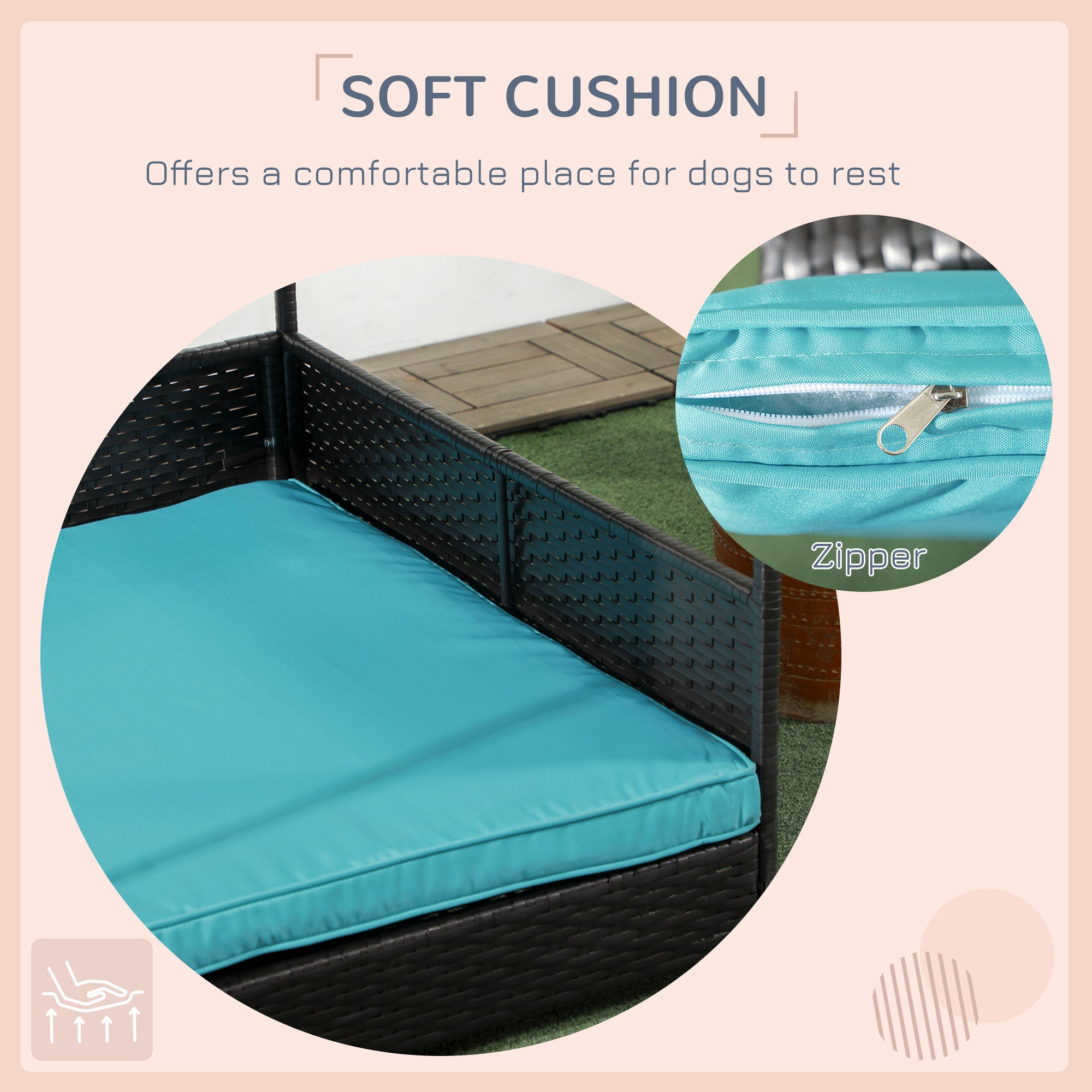 Rattan Dog House Outdoor with Shade Canopy, Elevated Wicker Dog Bed with Soft Cushion Washable Cover, for Medium Large Dogs, Blue