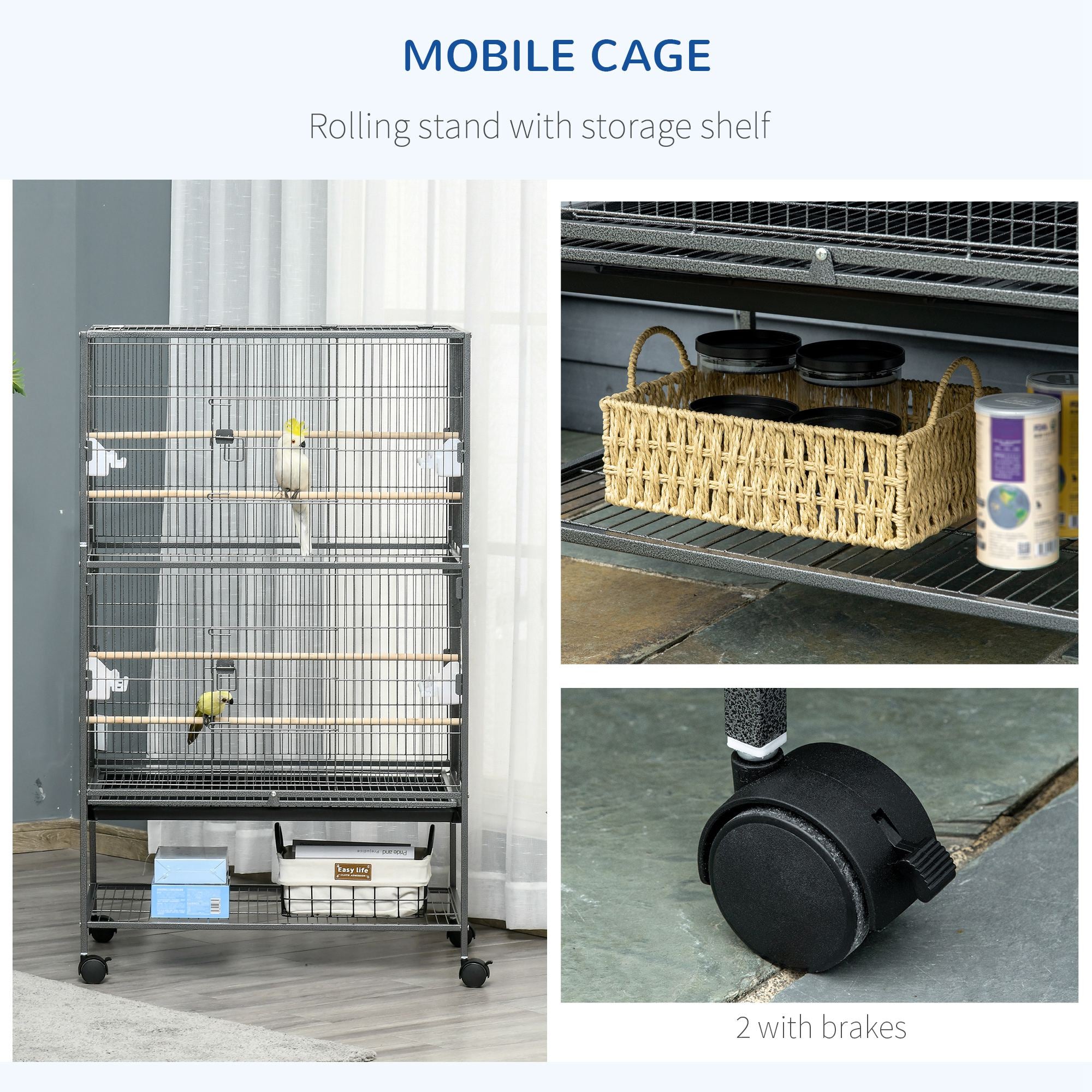 52" Large Rolling Steel Bird Cage Bird House with Rolling Stand, Storage Shelf, Wood Perch, Food Container, Dark Grey