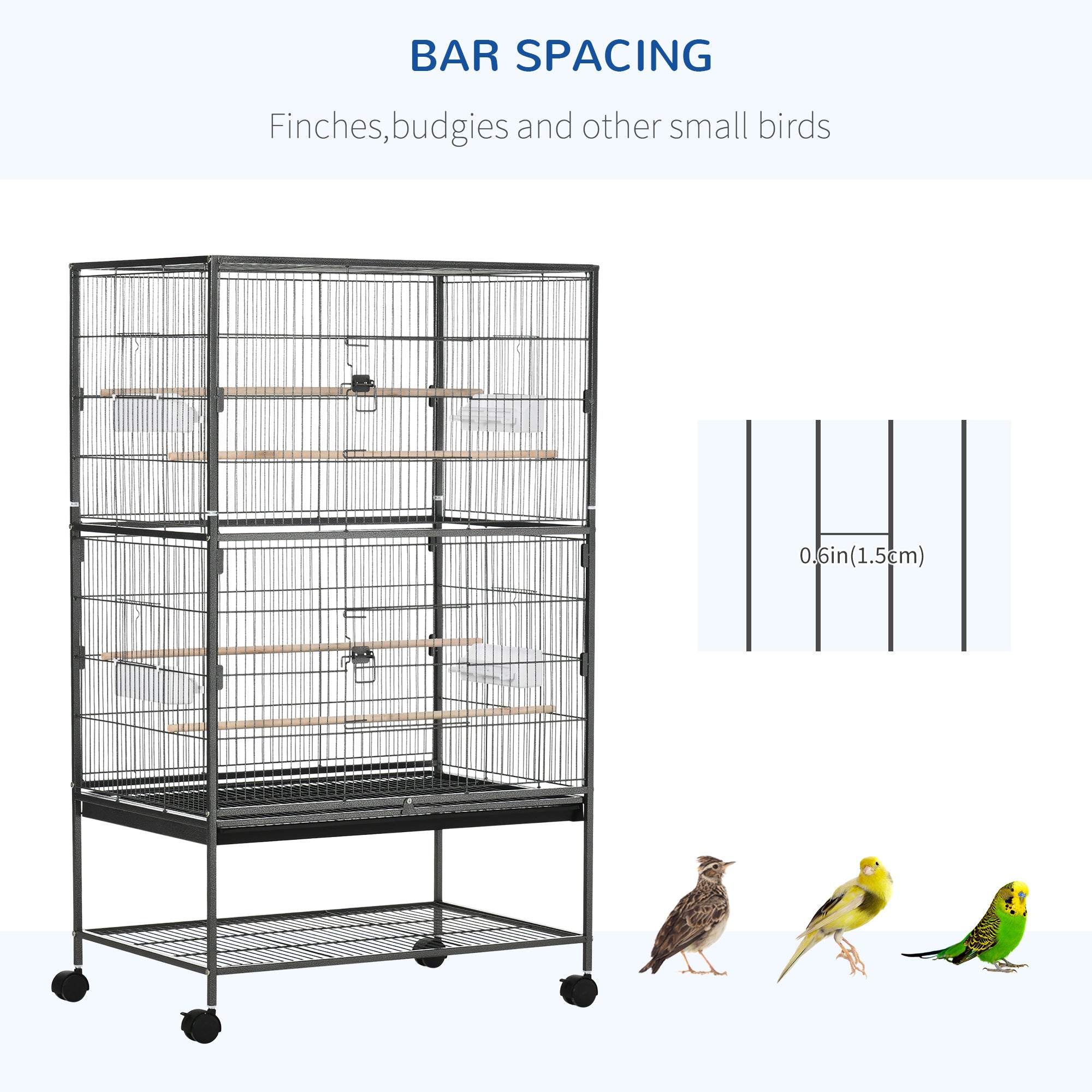 52" Large Rolling Steel Bird Cage Bird House with Rolling Stand, Storage Shelf, Wood Perch, Food Container, Dark Grey