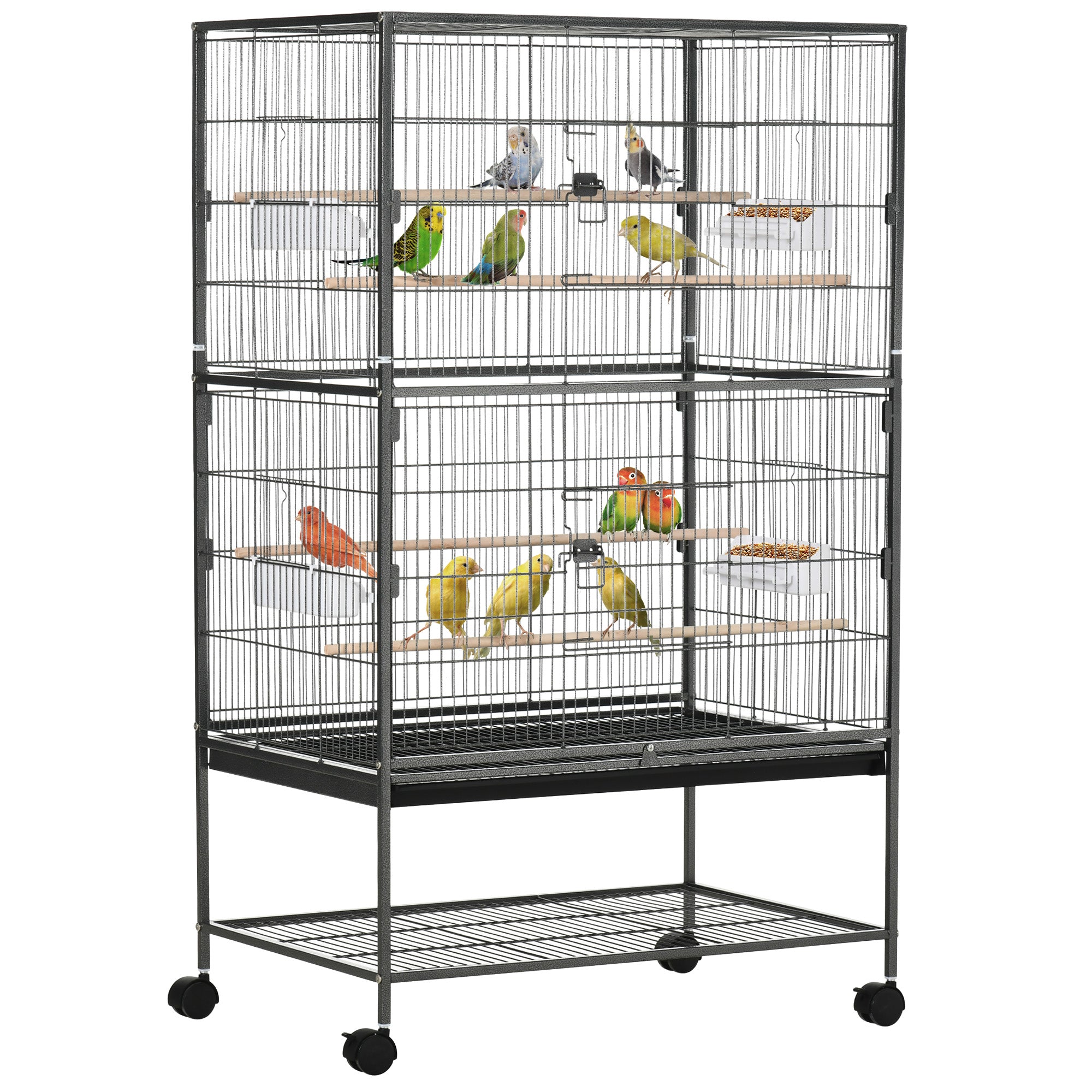 52" Large Rolling Steel Bird Cage Bird House with Rolling Stand, Storage Shelf, Wood Perch, Food Container, Dark Grey