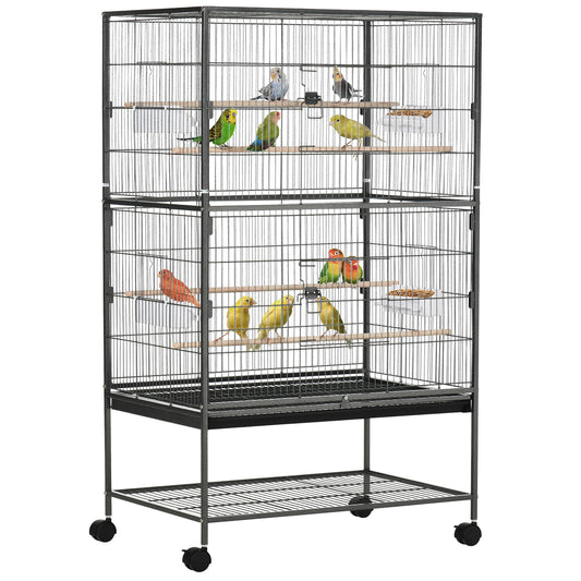 52" Large Rolling Steel Bird Cage Bird House with Rolling Stand, Storage Shelf, Wood Perch, Food Container, Dark Grey