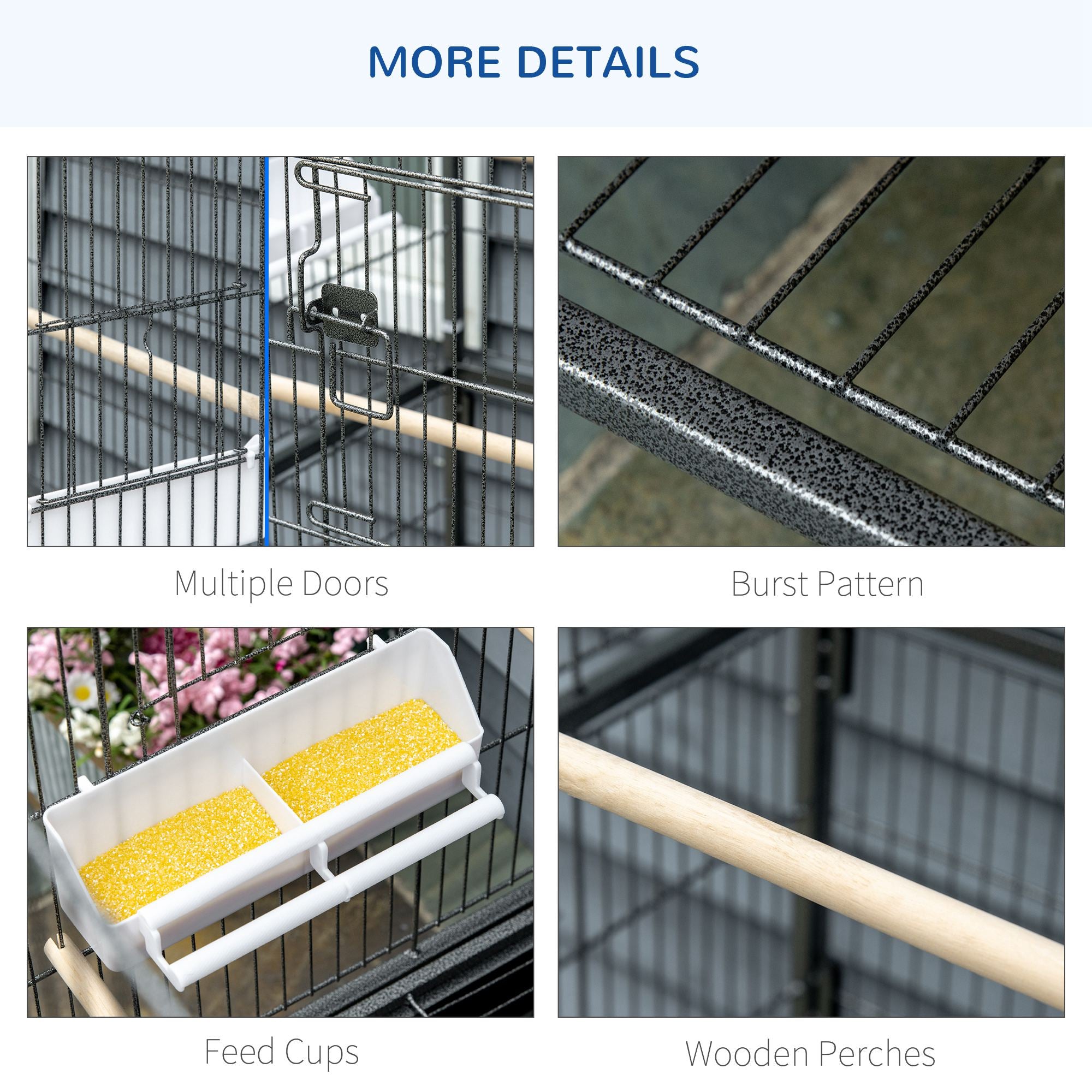 52" Large Rolling Steel Bird Cage Bird House with Rolling Stand, Storage Shelf, Wood Perch, Food Container, Dark Grey