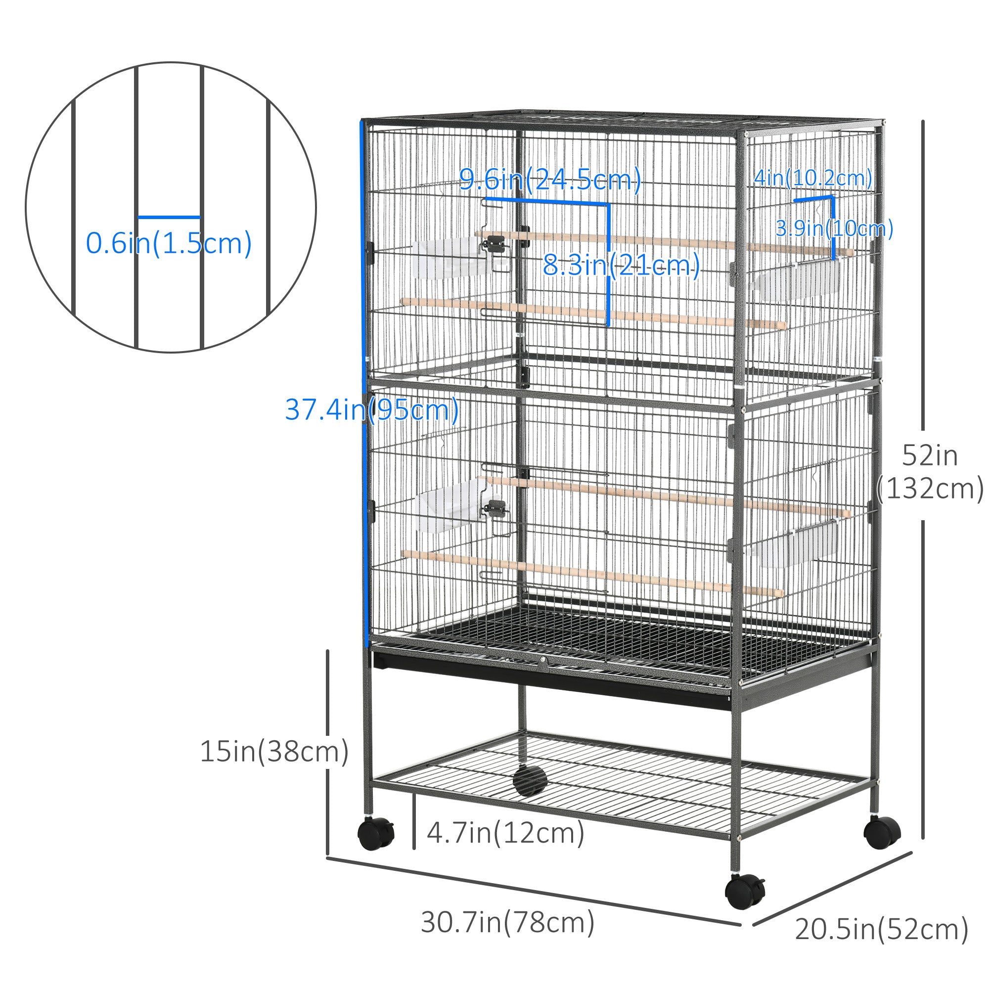 52" Large Rolling Steel Bird Cage Bird House with Rolling Stand, Storage Shelf, Wood Perch, Food Container, Dark Grey