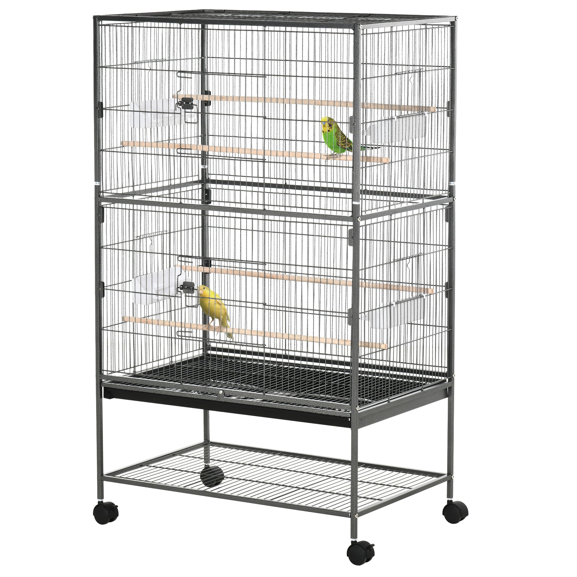 52" Large Rolling Steel Bird Cage Bird House with Rolling Stand, Storage Shelf, Wood Perch, Food Container, Dark Grey
