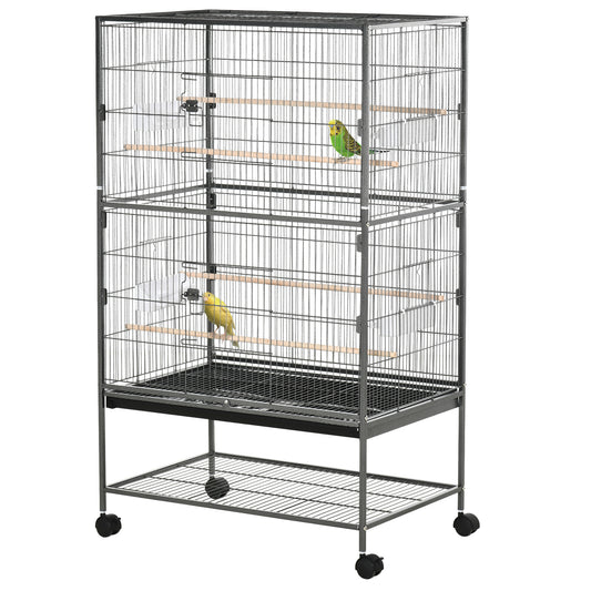 52" Large Rolling Steel Bird Cage Bird House with Rolling Stand, Storage Shelf, Wood Perch, Food Container, Dark Grey