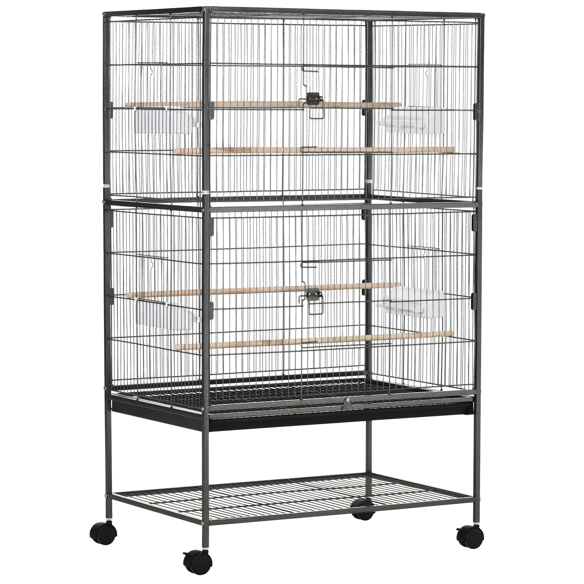 52" Large Rolling Steel Bird Cage Bird House with Rolling Stand, Storage Shelf, Wood Perch, Food Container, Dark Grey